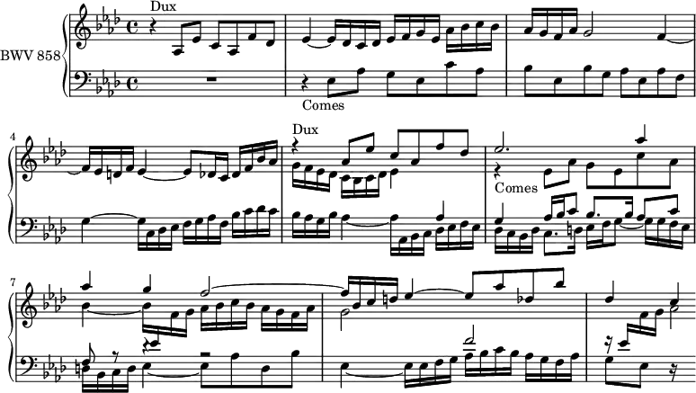 
\version "2.18.2"
\header {
  tagline = ##f
}

Dux   = { r4^\markup{Dux} aes8 ees' c aes f' des }
Comes = { r4_\markup{Comes} ees8 aes g ees c' aes }

upper = \relative c' {
  \clef treble 
  \key aes \major
  \time 4/4
  \tempo 4 = 52
  \set Staff.midiInstrument = #"harpsichord" 

   %% FUGUE CBT I-17, BWV 858, la bémol majeur
   \Dux | ees4~ ees16 des c des ees f g ees aes bes c bes | aes g f aes g2 f4~ f16 ees d f ees4~ ees8 des16 c des f bes aes 
   << { \Dux ees2. aes4 aes g f2~ f16 bes, c d ees4~ees8 aes des, bes' des,4 c4*1/2 } 
   \\ { g16 f ees des c bes c des ees4 s4 \Comes bes4~ bes16 \stemUp \change Staff = "lower" ees, \stemDown \change Staff = "upper" f g aes bes c bes aes g f aes g2 \stemUp \change Staff = "lower" f2 f16\rest ees16 \stemDown \change Staff = "upper" f16 g aes2*1/4 } >>

}

lower = \relative c {
  \clef bass 
  \key aes \major
  \time 4/4
  \set Staff.midiInstrument = #"harpsichord" 
    
   R1 \Comes bes8 ees, bes' g aes ees aes f g4~ g16 c, des ees f g aes f bes c des c 
   << { s2. aes4 g aes16 bes c8 bes8. bes16 aes8 c f,8 r8 r4 r2 } \\ { bes16 aes g bes aes4~ aes16 aes, bes c des ees f ees des c bes des c8. d16 ees f g8~ g16 g f ees d bes c d ees4~ ees8 aes d, bes' ees,4~ ees16 ees f g aes bes c bes aes g f aes g8 ees d16\rest s16 } >>
    
} 

\score {
  \new PianoStaff <<
    \set PianoStaff.instrumentName = #"BWV 858"
    \new Staff = "upper" \upper
    \new Staff = "lower" \lower
  >>
  \layout {
    \context {
      \Score
      \remove "Metronome_mark_engraver"
      \override SpacingSpanner.common-shortest-duration = #(ly:make-moment 1/2) 
    }
  }
  \midi { }
}
