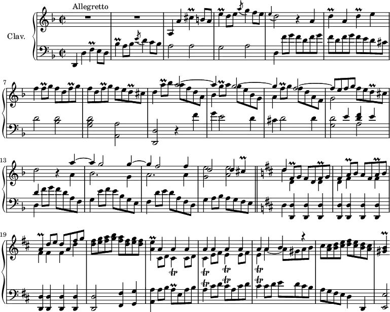 
\version "2.18.2"
\header {
  tagline = ##f
  % composer = "Domenico Scarlatti"
  % opus = "K. 552"
  % meter = "Allegretto"
}

%% les petites notes
trillCis      = { \tag #'print { cis4\prall } \tag #'midi { d32 cis d ces~ cis8 } }
trillEUp      = { \tag #'print { e'4\prall } \tag #'midi { f32 e f e~ e8 } }
trillD        = { \tag #'print { d4\prall } \tag #'midi { e32 d e d~ d8 } }
trillFq       = { \tag #'print { f8\prall } \tag #'midi { g32 f g f } }
trillDq       = { \tag #'print { d8\prall } \tag #'midi { e32 d e d } }
trillBesUp    = { \tag #'print { bes'4\prall } \tag #'midi { c32 bes c bes~ bes8 } }
trillF        = { \tag #'print { f4\prall } \tag #'midi { g32 f g f~ f8 } }
trillAUp      = { \tag #'print { a'8\prall } \tag #'midi { bes32 a bes a } }

trillFisqDown = { \tag #'print { fis,8\prall } \tag #'midi { g32 fis g fis } }
trillFisq     = { \tag #'print { fis8\prall } \tag #'midi { g32 fis g fis } }
trillAq       = { \tag #'print { a8\prall } \tag #'midi { b32 a b a } }
trillA        = { \tag #'print { a4^\prall } \tag #'midi { b32 a b a~ a8 } }
trillGqUp     = { \tag #'print { g'8^\prall } \tag #'midi { a32 g a g } }
trillFqUp     = { \tag #'print { f'8^\prall } \tag #'midi { g32 f g f } }
trillAE       = { \tag #'print { < a e' >4\prall } \tag #'midi { << { fis32 e fis e~   \tempo 2 = 35 e8   \tempo 2 = 70 } \\ { a4 } >> } }
trillCisT     = { \tag #'print { cis4\trill } \tag #'midi { d32 cis d cis~ cis8 } }
trillET       = { \tag #'print { e4\trill } \tag #'midi { fis32 e fis e~ e8 } }
trillAT       = { \tag #'print { a4\trill } \tag #'midi { b32 a b a~ a8 } }
trillCisqT    = { \tag #'print { cis8\trill } \tag #'midi { d32 cis d cis } }
trillGisB     = { \tag #'print { < gis b >4\prall } \tag #'midi { << { cis32 b cis b~ b8 } \\ { gis4 } >> } }
appoEDb       = { \tag #'print { \appoggiatura e4 d2 } \tag #'midi { e8 d4. } }

upper = \relative c'' {
  \clef treble 
  \key d \minor
  \time 2/2
  \tempo 2 = 70
  \set Staff.midiInstrument = #"harpsichord"
  \override TupletBracket.bracket-visibility = ##f

      s8*0^\markup{Allegretto}
      R1*2 | \tag #'print a,4 \tag #'midi r4  a'4 \trillCis b8 a | e'4\prall d8 e \acciaccatura a8 g4 f8 e |
      % ms. 5
      \appoEDb r4 \repeat unfold 2 { a4 | \trillD } e4 | f \trillFq g8 \repeat unfold 2 { f8 d \trillFq g8 } f8 e \trillDq cis |
      % ms. 9
      d4 \trillAUp bes8 << { a2~ | a4 s4 g2~ | g4  s4 f2~ | f8 e f g } \\ { a8 f d a | bes4 \trillGqUp a8 g e bes g | a4 \trillFqUp g8 f d a f | g2 } >> f'8 e \trillDq cis8 |
      % ms. 13
      d2 r4 
      << { a'4~ | a g2 g4~ | g f2 f4 | d2 d4 \trillCis } 
      \\ { a4 | bes2. g4 | a2. a4 | < g e' >2 < a e' > } >>  \bar "||"    \key d \major

      % ms. 17
      << { d4 } \\ { d4 } >>
      << { \trillFisqDown g8 fis d \trillFisq g8 | fis4 \trillAq b8 a fis \trillAq b8 | \trillA d8 e d a fis' g }
      \\ { d,4 s4 d4 | d fis s4 fis4 fis fis fis d' } >> | < d fis >8 < e g > < fis a > < g b >  < fis a > < d fis > < e g > < d fis >
      % ms. 21
      \trillAE 
      << { \repeat unfold 8 { a4 } a4 b r4 } 
      \\ { \repeat unfold 2 { cis,8 d | \trillCisT } \repeat unfold 2 { e8 fis \trillET } a4~ a8 gis a b } >> | cis8 < a cis > < b d > < cis e > < d fis > < cis e > < b d > < a cis > |
      % ms. 25
      \trillGisB

}

lower = \relative c' {
  \clef bass
  \key d \minor
  \time 2/2
  \set Staff.midiInstrument = #"harpsichord"
  \override TupletBracket.bracket-visibility = ##f

    % ************************************** \appoggiatura a16  \repeat unfold 2 {  } \times 2/3 { }   \omit TupletNumber 
      d,,4 d' \trillF e8 d | \trillBesUp a8 bes \acciaccatura e8 d4 c8 bes | a2 a | g a |
      % ms. 5
      d,4 f'8 g \repeat unfold 2 { f8 d f g } f e d cis | d2 < bes d > | < g bes d > < a, a' >
      % ms. 9
      < d, d' >2 r4 f''4 | g e2 d4 | cis d2 d4 | << { s4 e4 < d f > e | d } \\ { < g, d' >2 a | d,4 } >> 
      % ms. 13 suite
      f'8 g f d a f | g4 e'8 f e bes g e  | f4 d'8 e d a f d | g4 a8 bes a g f e |   \key d \major
      % ms. 17
       \tempo 2 = 35 d4 \tempo 2 = 70 \repeat unfold 11 { < d, d' >4 } | q2 < fis fis' >4 < g g' > |
      % ms. 21
       < a a' >4 a'8 b \trillAq e8 a b | \trillAT   cis8 d \trillCisqT a8 cis d | \trillCisT cis8 d e d cis b | a g fis e d4 d, |
      % ms. 25
      < e e' >2*1/2

}

thePianoStaff = \new PianoStaff <<
    \set PianoStaff.instrumentName = #"Clav."
    \new Staff = "upper" \upper
    \new Staff = "lower" \lower
  >>

\score {
  \keepWithTag #'print \thePianoStaff
  \layout {
      #(layout-set-staff-size 17)
    \context {
      \Score
     \override SpacingSpanner.common-shortest-duration = #(ly:make-moment 1/2)
      \remove "Metronome_mark_engraver"
    }
  }
}

\score {
  \keepWithTag #'midi \thePianoStaff
  \midi { }
}
