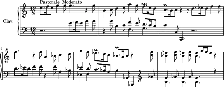 
\version "2.18.2"
\header {
  tagline = ##f
}

% petites notes
prallF = { \tag #'print { f8.-\parenthesize\prall } \tag #'midi { g32 f g f~ f16 } }
prallC = { \tag #'print { c8.\prall } \tag #'midi { d32 c d c~ c16 } }
prallEes = { \tag #'print { ees8.\prall } \tag #'midi { f32 ees f ees~ ees16 } }
prallBes = { \tag #'print { bes8.\prall } \tag #'midi { c32 bes c bes~ bes16 } }

upper = \relative c'' {
  \clef treble 
  \key c \major
  \time 12/8
  \tempo 4. = 58
  \set Staff.midiInstrument = #"harpsichord"

  e8.^"Pastorale. Moderato" f16 e8 g4 g8 g4. r4 g8 | b,4 c8 d4 e8 a4 g8 \prallF e16 d8 | \prallC b16 c8 r4 r8 d8. ees16  d8 f4 f8 |
  % ms. 4
  f4. r4 f8 a,4 bes8 c4 d8 | g4 f8 \prallEes d16 c8 \prallBes a16 bes8 r4 < c f >8 |
  % ms. 6
  < bes e! >4 < c f >8 < bes e! >4 < c f >8 << { e8 g16 f e8 } \\ { bes4. } >> r4 s8

}

lower = \relative c' {
  \clef bass
  \key c \major
  \time 12/8
  \set Staff.midiInstrument = #"harpsichord"

    % **************************************
    r2. e8. f16 e8 g4 g8 | r4 g8 b,4 c8 << { f4 e8 d8. c16 b8 } \\ { f4. g } >> | c4 c,8 c,4. r2. | 
    % ms. 4
    d''8. ees16 d8 f4 f8 r4 f8 a,4 bes8 | << { ees4 d8 c8. bes16 a8 } \\ { ees4 f } >> bes4 bes,8 bes,4   \clef treble aes'''8 | 
    % ms. 6
    << { g4 aes8 g4 aes8 g4. r4 } \\ { c,4. c c } >> s8

}

thePianoStaff = \new PianoStaff <<
    \set PianoStaff.instrumentName = #"Clav."
    \new Staff = "upper" \upper
    \new Staff = "lower" \lower
  >>

\score {
  \keepWithTag #'print \thePianoStaff
  \layout {
      #(layout-set-staff-size 17)
    \context {
      \Score
     \override SpacingSpanner.common-shortest-duration = #(ly:make-moment 1/2)
      \remove "Metronome_mark_engraver"
    }
  }
}

\score {
  \keepWithTag #'midi \thePianoStaff
  \midi { }
}
