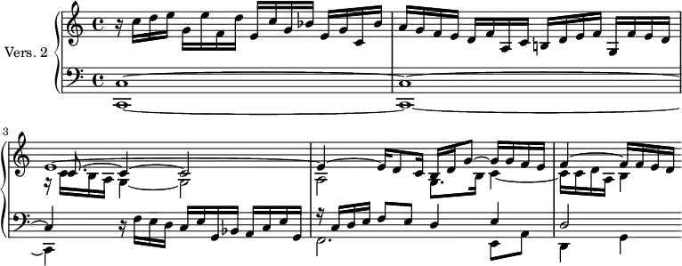 
\version "2.18.2"
\header {
  tagline = ##f
}

VarA = { r16 c d e g, e' f, d' e, g a bes c, bes' a g | a g f e d f a, c b! d e f g, f' e d e2 }
VarB = { r16 c d e g, e' f, d' e, c' g bes e, g c, bes' | a g f e d f a, c b! d e f g, f' e d }

upper = \relative c'' {
  \clef treble 
  \key c \major
  \time 2/4
  \tempo 4 = 100
  \set Staff.midiInstrument = #"harpsichord" 

   %% PRÉLUDE CBT II-1, BWV 870, ut majeur — version 2
   \VarB << { e1~ e4~ e16 d8 c16 b d g8~ g16 g f e f4~ f16 f e d } \\ { r16 c16 b a g4~ g2 a2 g8. b16 c4~ c16 c d a b4 } \\ { s16 c8.~ c4~ c2 } >> 
   
}

lower = \relative c {
  \clef bass 
  \key c \major
  \time 4/4
  \set Staff.midiInstrument = #"harpsichord" 
    
    << { c1~  c~ c4 } \\ { c,1~ c~ c4 } >> 
    r16 f'16 e d c e g, bes a c e g,
    << { r16 c16 d e f8 e d4 e | d2 } \\ { f,2. e8 a | d,4 g } >>
    
} 

\score {
  \new PianoStaff <<
    \set PianoStaff.instrumentName = #"Vers. 2"
    \new Staff = "upper" \upper
    \new Staff = "lower" \lower
  >>
  \layout {
    \context {
      \Score
      \remove "Metronome_mark_engraver"
    }
  }
  \midi { }
}
