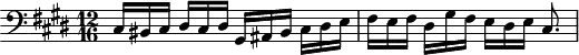 
\version "2.18.2"
\header {
  tagline = ##f
}

\score {
  \new Staff \with {

  }
<<
  \relative c {
    \clef bass 
    \key cis \minor
    \time 12/16
    \set Staff.midiInstrument = #"harpsichord" 

     %% SUJET fugue CBT II-4, BWV 873, ut-dièse mineur
     cis16 bis cis dis cis dis gis, ais bis cis dis e fis e fis dis gis fis e dis e cis8.
  }
>>
  \layout {
     \context { \Score \remove "Metronome_mark_engraver" 
        }
  }
  \midi {} 
}
