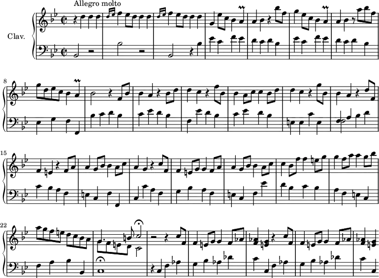 
\version "2.18.2"
\header {
  tagline = ##f
  % composer = "Domenico Scarlatti"
  % opus = "K. 473"
  % meter = "Allegro molto"
}

%% les petites notes
trillA       = { \tag #'print { a4\prall } \tag #'midi { bes32 a bes a~ a8 } }

upper = \relative c'' {
  \clef treble 
  \key bes \major
  \time 2/2
  \tempo 2 = 82

      s8*0^\markup{Allegro molto}
      r4 d4 d d | \repeat unfold 2 { \grace {   \tempo 2 = 52 d16 ees }   \tempo 2 = 82 f4 ees8 d d4 d } | g, ees'8  c bes4 \trillA
      % ms. 5
      a4 bes r4 bes'8 f | g4 ees8 c bes4  \trillA |a4 bes r8 a'8 bes f | g d ees c bes4 \trillA | bes2 r4 f8 bes |
      % ms. 10
      bes4 a r4 bes8 d | d4 c r4 f8 bes, | bes4 a8 c c4 bes8 d | d4 c r4 g'8 bes, | bes4 a r4 d8 f, |
      % ms. 15
      f4 e r4 f8 a | a4 g8 bes bes4 a8 c | a4 g r4 c8 f, | f4 e8 g g4 f8 a | a4 g8 bes bes4 a8 c |
      % ms. 20
      c4 bes8 f' f4 e8 g | g4 f8 a a4 g8 bes | a g f e d c bes a | << { \mergeDifferentlyDottedOn g4. b8 c2\fermata } \\ { g8 f e d c2 } >>
      % ms. 24
      r2 \repeat unfold 2 { r4 c'8 f, | f4 e8 g g4 f8 aes | < f aes >4 < e g > }
      % ms. 29
      
      % ms. 34
      
      % ms. 38
      

}

lower = \relative c' {
  \clef bass
  \key bes \major
  \time 2/2

    % ************************************** \appoggiatura a16  \repeat unfold 2 {  } \times 2/3 { }   \omit TupletNumber 
      bes,2 r2 | bes'2 r2 | bes,2 r4 bes'4 | \repeat unfold 2 { ees c f ees |
      % ms. 5
      d4 c d bes } | ees,4 g f f, | bes' c d bes |
      % ms. 10
      c ees d bes | f ees' d bes | c ees d bes | e, e c' e, | << { f4 a } \\ { f2  } >> bes4 d |
      % ms. 15
      c4 bes a f | e c f f, | c' c' a f | g bes a f | e c f ees' |
      % ms. 20
      d4 bes c bes | a f e c | f a bes bes, c1\fermata |
      % ms. 24
      r4 \repeat unfold 2 { c4 f aes | g bes aes des c } c,4 
      % ms. 29
      
      % ms. 34
      
      % ms. 38
      

}

thePianoStaff = \new PianoStaff <<
    \set PianoStaff.instrumentName = #"Clav."
    \new Staff = "upper" \upper
    \new Staff = "lower" \lower
  >>

\score {
  \keepWithTag #'print \thePianoStaff
  \layout {
      #(layout-set-staff-size 17)
    \context {
      \Score
     \override TupletBracket.bracket-visibility = ##f
     \override SpacingSpanner.common-shortest-duration = #(ly:make-moment 1/2)
      \remove "Metronome_mark_engraver"
    }
  }
}

\score {
  \keepWithTag #'midi \thePianoStaff
  \midi { \set Staff.midiInstrument = #"harpsichord" }
}
