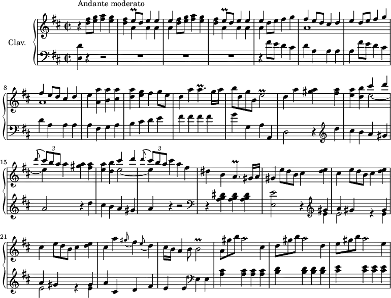 
\version "2.18.2"
\header {
  tagline = ##f
}

%% les petites notes
trillEq = { \tag #'print { e8\prall } \tag #'midi { fis32 e fis e } }
trillA = { \tag #'print { a4.\prall } \tag #'midi { b16 a b a~ a8 } }
trillE = { \tag #'print { e2\prall } \tag #'midi { fis16 e fis e fis e~ e8 } }
trillB = { \tag #'print { b2\prall } \tag #'midi { cis16 b cis b cis b~ b8 } }

upper = \relative c'' {
  \clef treble 
  \key d \major
  \time 2/2
  \tempo 2 = 92
  \set Staff.midiInstrument = #"harpsichord"
  \override TupletBracket.bracket-visibility = ##f


     r4^\markup{Andante moderato}  \repeat unfold 2 {  < d fis >8 < e g > < fis a >4 < e g > | < d fis > << { \trillEq d8  e4 e | e } \\ { a,4 a a | a } >> } d8 e fis4 g |
     % ms. 6
     << { fis4 e8 d cis4 d | e4 d8 e fis4 g | fis4 e8 d cis4 d } \\ { a1 s1 a1 } >> e'4 < a, a' >4 < b a' > < cis a' > | < d a' > < e g > fis4 g8 e |
     % ms. 11
     d4 a' \trillA g16 a | b8 d, g b, \trillE | d4 \repeat unfold 2 { a' < gis a >4 < fis a > | < e a > < d b' > << { cis'4 d | \appoggiatura d8 \times 2/3 { cis8[ b a] } } \\ { e2~ | e4 } >> } cis'4 a fis | dis b \trillA gis16 a | gis4   \omit TupletNumber \repeat unfold 3 { \times 2/3 { e'8[ d b] } cis4 < d e > | cis4 } a'4 \appoggiatura gis8 fis4 \appoggiatura e8 d4 | cis16 b a4 b8 \trillB | \times 2/3 { a8[ gis' b] } a2 cis,4 | \times 2/3 { d8[ gis b] } a2 d,4 | 
     % ms. 26
     \times 2/3 { e8 gis b } a2 e4 % 27

}

lower = \relative c' {
  \clef bass
  \key d \major
  \time 2/2
  \set Staff.midiInstrument = #"harpsichord"

    % **************************************
      % 
      < d, d' >4 r4 r2 | R1*3 | r4 \repeat unfold 2 { fis'8 e d4 cis | d a a a | a } fis g a | b cis d e | fis fis fis fis | g g,  a a, | d2 r4   \clef treble d''4 cis b a gis | a2 r4 d4 | 
      % ms. 16
      cis4 b a gis a r4 r2 |   \clef bass r4 < a, b dis >4 q q | < e e'>2 r4 |  \clef treble << { gis'4 } \\ { e4 } >> \repeat unfold 2 { << {  a4 gis s4 gis } \\ { e2 r4 e4 } >> } | 
      % ms. 22
      a4 cis, d fis | e e  \clef bass  e, e | < a cis >4 q q q | < b d >4 q q q |
      % ms. 26
      < cis e >4 q q q |

}

thePianoStaff = \new PianoStaff <<
    \set PianoStaff.instrumentName = #"Clav."
    \new Staff = "upper" \upper
    \new Staff = "lower" \lower
  >>

\score {
  \keepWithTag #'print \thePianoStaff
  \layout {
      #(layout-set-staff-size 17)
    \context {
      \Score
     \override SpacingSpanner.common-shortest-duration = #(ly:make-moment 1/2)
      \remove "Metronome_mark_engraver"
    }
  }
}

\score {
  \keepWithTag #'midi \thePianoStaff
  \midi { }
}
