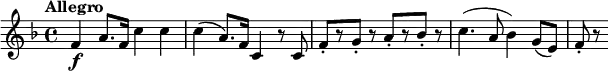 
\relative c' {
  \version "2.18.2"
  \key f \major
  \tempo "Allegro"
  \tempo 4 = 120
  f4\f a8. f16 c'4 c |
  c4( a8.) f16 c4 r8 c |
  f8-.[ r g-.] r a-.[ r bes-.] r |
  c4.( a8 bes4) g8( e) |
  f8-. r
}
