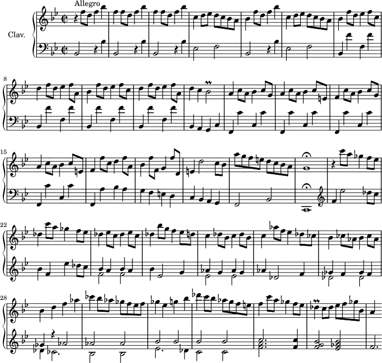 
\version "2.18.2"
\header {
  tagline = ##f
  % composer = "Domenico Scarlatti"
  % opus = "K. 441"
  % meter = "Allegro"
}

%% les petites notes
trillBesb     = { \tag #'print { bes2\prall } \tag #'midi { c32 bes c bes~ bes8~ bes4 } }
trillDes      = { \tag #'print { des4\prall } \tag #'midi { ees32 des ees des~ des8 } }

upper = \relative c'' {
  \clef treble 
  \key bes \major
  \time 2/2
  \tempo 2 = 92
  \set Staff.midiInstrument = #"harpsichord"
  \override TupletBracket.bracket-visibility = ##f

      s8*0^\markup{Allegro}
      r4 f8 d f4 bes | \repeat unfold 2 { f f8 d f4 bes } | c,4 d8 ees d c bes a | bes4 f'8 d f4 bes |
      % ms. 6
      c,4 d8 ees d c bes a | \repeat unfold 2 { bes4 f'8 d ees4 f8 c | d4 f8 d ees4 f8 a, } |
      % ms. 11
      d4 c \trillBesb | a4 c8 a bes4 c8 g | a4 c8 a bes4 c8 e, | f4 c'8 a bes4 c8 g | a4 c8 a bes4 c8 e, |
      % ms. 16
      f4 f'8 c d4 f8 a, | bes4 f'8 f, g4 f'8 d, | e4 d'2 c8 bes | a' g f e d c bes a | g1\fermata
      % ms. 21
      r4 \repeat unfold 2 { c'8 a ges4 f8 ees | des4 } \repeat unfold 2 { ees8 c des4 } bes'8 g f4 ees8 d | c4 \repeat unfold 2 { des8 bes c4 }
      % ms. 26 suite
      aes'8 f ees4 des8 ces | \repeat unfold 2 { bes4 ces8 aes } | bes4 d f aes | ces bes8 aes ges f ees f | ges4 ees g bes |
      % ms. 31
      des4 c8 bes aes g f e | f4 c'8 a ges4 f8 ees | \trillDes c8 des ees f ges bes, | a4 s8

}

lower = \relative c' {
  \clef bass
  \key bes \major
  \time 2/2
  \set Staff.midiInstrument = #"harpsichord"
  \override TupletBracket.bracket-visibility = ##f

    % ************************************** \appoggiatura a16  \repeat unfold 2 {  } \times 2/3 { }   \omit TupletNumber 
      \repeat unfold 3 { bes,2 r4 bes'4 } ees,2 f | bes, r4 bes'4 |
      % ms. 6
      ees,2 f | \repeat unfold 4 { bes,4 f'' f, f' }
      % ms. 11
      bes,,4 a g c | \repeat unfold 4 { f, c'' c, c' }
      % ms. 16
      f,,4 a' bes a | g f e d | c bes a g | f2 bes | c,1\fermata   \clef treble 
      % ms. 21
      f''4 ees'2 des8 c | bes4 f ees' des8 c  | << { bes4 a bes a } \\ { f2 f } >> bes4 ees,2 g4 | << { aes4 g aes g } \\ { ees2 ees } >>
      % ms. 26
      aes4 des,2 f4 | << { ges4 f ges f | ges r4 aes2 | aes aes | bes bes } \\ { des,2 des | des4 ces2. | bes2 bes | ees2. des4 } >>
      % ms. 31
      << { bes'2 bes | c2. } \\ { c,2 c | < f a >2. } >> < f c' >4 | < f g bes >2 < ees ges bes > | f2.*1/2

}

thePianoStaff = \new PianoStaff <<
    \set PianoStaff.instrumentName = #"Clav."
    \new Staff = "upper" \upper
    \new Staff = "lower" \lower
  >>

\score {
  \keepWithTag #'print \thePianoStaff
  \layout {
      #(layout-set-staff-size 17)
    \context {
      \Score
     \override SpacingSpanner.common-shortest-duration = #(ly:make-moment 1/2)
      \remove "Metronome_mark_engraver"
    }
  }
}

\score {
  \keepWithTag #'midi \thePianoStaff
  \midi { }
}
