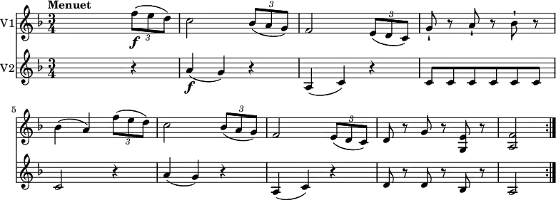 
<<
  \new Staff \with {
       instrumentName = #"V1"
     }
     \relative c'' { 
         \version "2.18.2"
         \clef "treble" 
         \tempo "Menuet" 
         \key f \major
         \time 3/4
         \tempo 4 = 110
                s2  \tuplet 3/2 {f8\f (e d)} 
                c2 \tuplet 3/2 {bes8 (a g)} 
                f2  \tuplet 3/2 {e8 (d c)} 
                g'-! r8 a-! r8 bes8-! r8 
                bes4 (a) \tuplet 3/2 {f'8 (e d)} 
                c2 \tuplet 3/2 {bes8 (a g)} 
                f2 \tuplet 3/2 {e8 (d c)} 
               d8 r8 g8 r8 <g, e'>8 r8  
               <a f'>2 \bar ":|."
}
\new Staff \with {
         instrumentName = #"V2" }
\relative c'' { 
         \clef "treble" 
         \tempo "Andante" 
         \key f \major
         \time 3/4
           s2 r4
           a4\f (g) r4
           a, (c) r4
           c8 c c c c c
           c2 r4
            a'4 (g) r4
           a, (c) r4
           d8 r8 d8 r8 bes8 r8
           a2 \bar ":|."      
 }
>>

