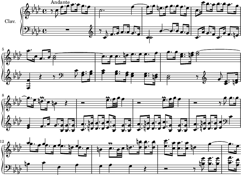 
\version "2.18.2"
\header {
  tagline = ##f
}

%% les petites notes
trillDqp         = { \tag #'print { d8.\prall } \tag #'midi { ees32 d ees d~ d16 } }
trillEesqp       = { \tag #'print { ees8.\prall } \tag #'midi { f32 ees f ees~ ees16 } }
trillCqp         = { \tag #'print { c8.\prall } \tag #'midi { d32 c d c~ c16 } }

upper = \relative c'' {
  \clef treble 
  \key f \minor
  \time 4/4
  \tempo 4 = 78
  \set Staff.midiInstrument = #"harpsichord"

      s8*0^\markup{Andante}
      r8 c8 f8. g16 aes8. aes16 g8. f16 | c2. f4~ |
      % ms. 3
      f8. g16 e8. f16 g8. g16 f8. e16 | c8. c'16 bes8. aes16 bes8. bes16 aes8. g16 | aes8. c,16 aes8. bes16 < aes c >2~
      % ms. 6
      c8. c16 c8. d16 ees8. ees16 ees8. f16 | g8. g16 < c, ees >8. < d f >16 < ees g >2~ | g8. ees16 \trillDqp c16 b4 r4 |
      % ms. 9
      \repeat unfold 2 { r2 \trillEesqp f32 g f4 } | r2 r8 g8 g8. g16 |
      % ms. 12
      << { aes4 g f ees } \\ { g8. f16 f8. ees16 ees8. d16 d8. c16 } >> | b4 \trillCqp b32 c d8. < d b' >16 q8. q16 | < ees c' >8. < c aes' >16 q8. q16 d4 g4~ |
      % m. 15
      g8. ees16 

}

lower = \relative c' {
  \clef bass
  \key f \minor
  \time 4/4
  \set Staff.midiInstrument = #"harpsichord"

    % **************************************
      R1 |   \clef treble  r8 c8 f8. g16 aes8. aes16 g8. f16
      % ms. 3
      << { c4 bes'4~ bes8. bes16 aes8. g16 } \\ { c,2 } >> c8. aes'16 g8. f16 c8. g'16 f8. e16 | < f, f' >4 r4 r8   \clef bass c'8 < f, aes >8. < g bes >16 |
      % ms. 6
      < aes c >4 < g bes >8. < f aes >16 < ees g >4 q8. < d f >16 | < c ees >2 r8   \clef treble g''8 < c, ees >8. < d f >16 | < ees g >4 f8. aes16 g8. < bes, g' >16 q8. q16 |
      % ms. 9
      \repeat unfold 2 { < c aes' >8. < d b' >16 q8. q16 < ees c' >8. < bes g' >16 q8. q16 } | < c aes' >8. < d b' >16 q8. q16 < ees c' >4 \clef bass c4 |
      % ms. 12
      b4 c f, aes | g aes g r4 | 
      % ms. 15
      r2 r8 < b g' >8 q8. q16 < c aes' >8. < aes f' >16 % Poursuivre les 5 mesures pour finir la section

}

thePianoStaff = \new PianoStaff <<
    \set PianoStaff.instrumentName = #"Clav."
    \new Staff = "upper" \upper
    \new Staff = "lower" \lower
  >>

\score {
  \keepWithTag #'print \thePianoStaff
  \layout {
      #(layout-set-staff-size 17)
    \context {
      \Score
     \override SpacingSpanner.common-shortest-duration = #(ly:make-moment 1/2)
      \remove "Metronome_mark_engraver"
    }
  }
}

\score {
  \keepWithTag #'midi \thePianoStaff
  \midi { }
}
