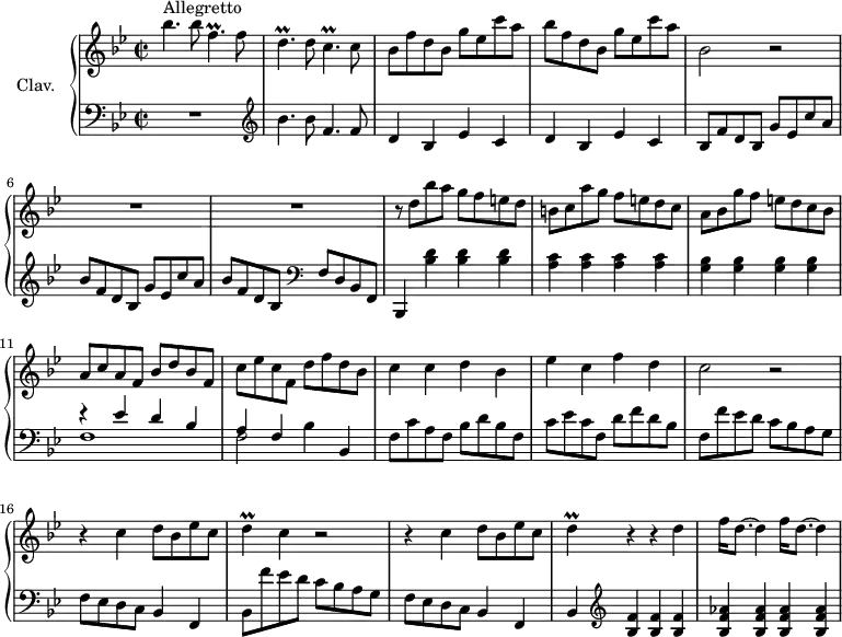 
\version "2.18.2"
\header {
  tagline = ##f
}

%% les petites notes
trillFp     = { \tag #'print { f4.\prall } \tag #'midi { g32 f g f~ f4 } }
trillDp     = { \tag #'print { d4.\prall } \tag #'midi { ees32 d ees d~ d4 } }
trillCp     = { \tag #'print { c4.\prall } \tag #'midi { d32 c d c~ c4 } }
trillD      = { \tag #'print { d4\prall } \tag #'midi { ees32 d ees d~ d8 } }

% \times 2/3 {
upper = \relative c'' {
  \clef treble 
  \key bes \major
  \time 2/2
  \tempo 2 = 76
  \set Staff.midiInstrument = #"harpsichord"

     s8*0^\markup{Allegretto}
     bes'4. bes8 \trillFp f8 | \trillDp d8 \trillCp c8 | bes8 f' d bes g' ees c' a | bes f d bes g' ees c' a |
     % ms. 5
     bes,2 r2 | R1*2 | r8 d8 bes' a g f e d |
     % ms. 9
     b8 c a' g f e d c | a bes g' f e d c bes | a c a f bes d bes f | c' ees c f, d' f d bes |
     % ms. 13
     c4 c d bes | ees c f d  | c2 r2 | r4 c4 d8 bes ees c |
     % ms. 17 
     \trillD c4 r2 | r4 c4 d8 bes ees c | \trillD r4 r4 d4 | \repeat unfold 2 { f16 d8.~ d4 }

}

lower = \relative c' {
  \clef bass
  \key bes \major
  \time 2/2
  \set Staff.midiInstrument = #"harpsichord"

    % **************************************
     R1 |   \clef treble  bes'4. bes8 f4. f8 | \repeat unfold 2 { d4 bes ees c } | bes8 f' d bes g' ees c' a | bes f d bes g' ees c' a | bes f d bes   \clef bass f d bes f | bes,4 < bes'' d >4 q q |
     % ms. 9
     < a c >4 q q q | < g bes > q q q | << { r4 ees' d bes | a f } \\ { f1 | f2 } >> bes4 bes, |
     % ms. 13
     f'8 c' a f bes d bes f | c' ees c f, d' f d bes | f f' ees d c bes a g | f ees d c bes4 f |
     % ms. 17
     bes8 f'' ees d c bes a g | f ees d c bes4 f | bes    \clef treble  < bes' f' >4 q q | < bes f' aes > q q q |
     % ms. 21
     

} 

thePianoStaff = \new PianoStaff <<
    \set PianoStaff.instrumentName = #"Clav."
    \new Staff = "upper" \upper
    \new Staff = "lower" \lower
  >>

\score {
  \keepWithTag #'print \thePianoStaff
  \layout {
      #(layout-set-staff-size 17)
    \context {
      \Score
     \override SpacingSpanner.common-shortest-duration = #(ly:make-moment 1/2)
      \remove "Metronome_mark_engraver"
    }
  }
}

\score {
  \keepWithTag #'midi \thePianoStaff
  \midi { }
}
