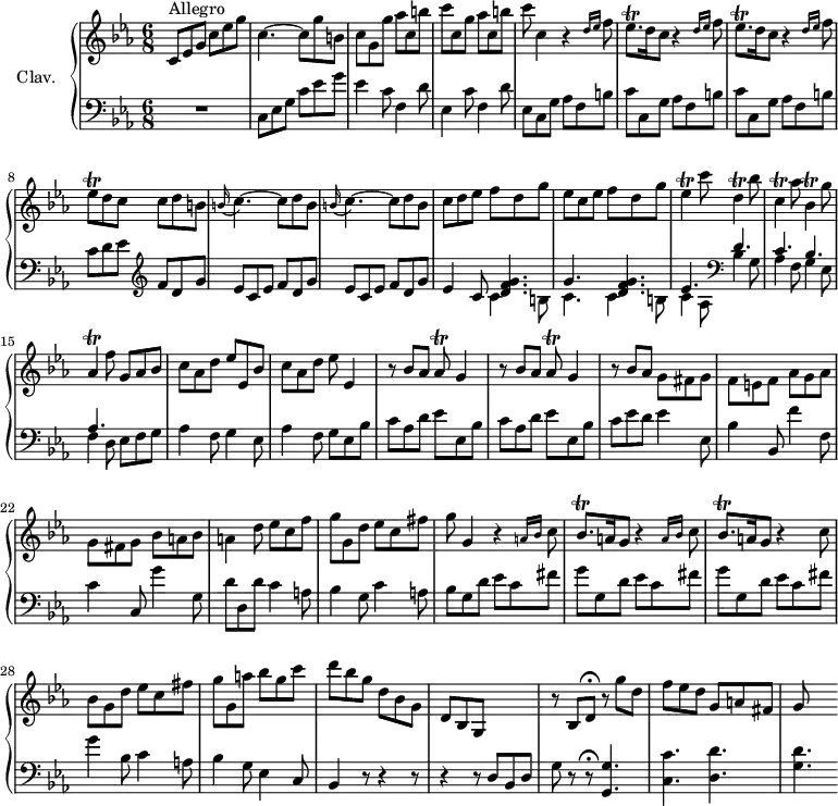 
\version "2.18.2"
\header {
  tagline = ##f
  % composer = "Domenico Scarlatti"
  % opus = "K. 129"
  % meter = "Allegro"
}

%% les petites notes
trillEesqp       = { \tag #'print { ees8.\trill } \tag #'midi { f32 ees f ees~ ees16 } }
trillEesq        = { \tag #'print { ees8\trill } \tag #'midi { f32 ees f ees } }
trillEes         = { \tag #'print { ees4\trill } \tag #'midi { f32 ees f ees~ ees8 } }
trillDDown       = { \tag #'print { d,4\trill } \tag #'midi { ees32 d ees d~ d8 } }
trillCDown       = { \tag #'print { c,4\trill } \tag #'midi { d32 c d c~ c8 } }
trillBesDown     = { \tag #'print { bes,4\trill } \tag #'midi { c32 bes c bes~ bes8 } }
trillAesDown     = { \tag #'print { aes,4\trill } \tag #'midi { bes32 aes bes aes~ aes8 } }
trillAesq        = { \tag #'print { aes8\trill } \tag #'midi { bes32 aes bes aes } }
trillBesqp       = { \tag #'print { bes8.\trill } \tag #'midi { c32 bes c bes~ bes16 } }

upper = \relative c'' {
  \clef treble 
  \key c \minor
  \time 6/8
  \tempo 4. = 88
  \set Staff.midiInstrument = #"harpsichord"
  \override TupletBracket.bracket-visibility = ##f

      s8*0^\markup{Allegro}
      c,8 ees g c ees g | c,4.~ c8 g' b, | c g g'  aes c, b' | c c, g' aes c, b' |
      % ms. 5
      c8 c,4 r4 \grace {   \tempo 4. = 50 d16 ees }   \tempo 4. = 88 f8 | \repeat unfold 2 { \trillEesqp d16 c8 r4 \grace {   \tempo 4. = 50 d16 ees }   \tempo 4. = 88 f8 } | \trillEesq d c c d b |
      % ms. 9
      \repeat unfold 2 { \appoggiatura b16 c4.~ c8 d b } | c8 d ees f d g | ees c ees f d g | \trillEes c'8 \trillDDown bes'8 |
      % ms. 14
      \trillCDown aes'8 \trillBesDown g'8 | \trillAesDown f'8 g,8 aes bes | c aes d ees ees, bes' | c aes d ees ees,4 | \repeat unfold 2 { r8 bes'8 aes \trillAesq g4 } |
      % ms. 20
      r8 bes8 aes << {} \\ { g8 fis g | f e f aes g aes | g fis g bes a bes | a4 } >> d8 | ees c f |
      % ms. 24
      g8 g, d' ees c fis | g8 g,4 \repeat unfold 2 { r4 \grace {   \tempo 4. = 50 a16 bes }   \tempo 4. = 88 c8 | \trillBesqp a16 g8 } r4 c8 |
      % ms. 28
      bes8 g d' ees c fis | g g, a' bes g c | d bes g d bes g | d bes g s4. | r8 bes \tempo 4. = 20 d8\fermata  \tempo 4. = 88 r8 g' d |
      % ms. 33
      f8 ees d g, a fis | g8 s4

}

lower = \relative c' {
  \clef bass
  \key c \minor
  \time 6/8
  \set Staff.midiInstrument = #"harpsichord"
  \override TupletBracket.bracket-visibility = ##f

    % ************************************** \appoggiatura a16  \repeat unfold 2 {  } \times 2/3 { }   \omit TupletNumber 
      R2. | c,8 ees g c ees g | ees4 c8 f,4 d'8 | ees,4 c'8 f,4 d'8 |
      % ms. 5
      ees,8 c g' aes f b | \repeat unfold 2 { c c, g' aes f b } | c8 d ees   \clef treble  f d g |
      % ms. 9
      \repeat unfold 2 { ees8 c ees f d g } | ees4 c8 << { < d f g >4. | g4. < d f g > | ees } \\ { c4 b8 | c4. c4 b8 | c4 aes8 } >>   \clef bass 
      % ms. 13 suite
      << { d4. | c bes | aes } \\ { bes4 g8 | aes4 f8 g4 ees8 | f4 d8 } >> ees8 f g | aes4 f8 g4 ees8 | aes4 f8 g ees bes' |
      % ms. 18
      \repeat unfold 2 { c aes d ees ees, bes' } | c8 ees d ees4 ees,8 | bes'4 bes,8 f''4 f,8 | c'4 c,8 g''4 g,8 | d'8 d, d' c4 a8 |
      % ms. 24
      bes4 g8 c4 a8 | bes g d' ees c fis | \repeat unfold 2 { g8 g, d' ees c fis } |
      % ms. 28
      g4 bes,8 c4 a8 | bes4 g8 ees4 c8 | bes4 r8 r4 r8 | r4 r8 d8 bes d | g r8 r8\fermata < g, g' >4.
      % ms. 33
      < c c' >4. < d d' > | < g d' > 

}

thePianoStaff = \new PianoStaff <<
    \set PianoStaff.instrumentName = #"Clav."
    \new Staff = "upper" \upper
    \new Staff = "lower" \lower
  >>

\score {
  \keepWithTag #'print \thePianoStaff
  \layout {
      #(layout-set-staff-size 17)
    \context {
      \Score
     \override SpacingSpanner.common-shortest-duration = #(ly:make-moment 1/2)
      \remove "Metronome_mark_engraver"
    }
  }
}

\score {
  \keepWithTag #'midi \thePianoStaff
  \midi { }
}
