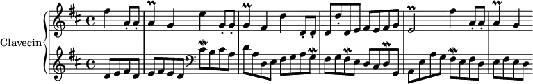 \version "2.18.2"
\header {
tagline = ##f
}
%% les petites notes
Prallaq = { \tag #'print { a4\prall } \tag #'midi { \times 2/3 { b32 a b } a8. } }
Prallgq = { \tag #'print { g4\prall } \tag #'midi { \times 2/3 { a32 g a } g8. } }
Pralled = { \tag #'print { e2\prall } \tag #'midi { \times 2/3 { fis32 e fis } e16~ e8~ e4 } }
Mordcisq = { \tag #'print { cis8\mordent } \tag #'midi { cis32 d cis16~ } }
Mordfisq = { \tag #'print { fis8\mordent } \tag #'midi { fis32 g fis16 } }
Morddq = { \tag #'print { d8\mordent } \tag #'midi { d32 cis d16 } }
Mordgq = { \tag #'print { g8\mordent } \tag #'midi { g32 a g16 } }
upper = \relative c'' {
\clef treble
\key d \major
\time 4/4
\tempo 4 = 102
\set Staff.midiInstrument = #"harpsichord"
\override TupletBracket #'bracket-visibility = ##f
\partial 2
fis4 a,8-. a-. \Prallaq g4 e' g,8-. g-. \Prallgq fis4 d' d,8-. d-. d d'-. d, e fis e fis g \Pralled fis'4 a,8-. a-. \Prallaq g4
}
lower = \relative c' {
\clef bass
\key d \major
\time 4/4
\set Staff.midiInstrument = #"harpsichord"
% **************************************
\clef treble
d8 e fis d e fis e d
\clef bass
\Mordcisq b8 cis a d a d, e fis g a \Mordgq | fis8 g \Mordfisq e8 d cis \Morddq g,8 a e' a g \Mordfisq e8 fis d | e8 fis e d
}
thePianoStaff = \new PianoStaff <<
\set PianoStaff.instrumentName = #"Clavecin"
\new Staff = "upper" \upper
\new Staff = "lower" \lower
>>
\score {
\keepWithTag #'print \thePianoStaff
\layout {
\context {
\Score
\remove "Metronome_mark_engraver"
}
}
}
\score {
\keepWithTag #'midi \thePianoStaff
\midi { }
}