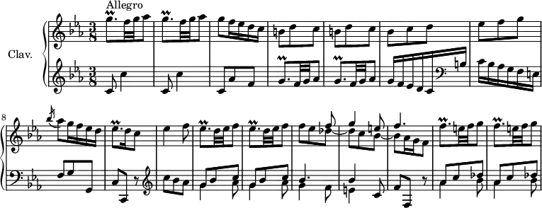 
\version "2.18.2"
\header {
  tagline = ##f
  % composer = "Domenico Scarlatti"
  % opus = "K. 303"
  % meter = "Allegro"
}

%% les petites notes
trillGqpUp     = { \tag #'print { g'8.\prall } \tag #'midi { a32 g a g~ g16 } }
trillGqp       = { \tag #'print { g8.\prall } \tag #'midi { a32 g a g~ g16 } }
trillEesqp     = { \tag #'print { ees8.\prall } \tag #'midi { f32 ees f ees~ ees16 } }
trillFqpUp     = { \tag #'print { f'8.\prall } \tag #'midi { g32 f g f~ f16 } }

upper = \relative c'' {
  \clef treble 
  \key c \minor
  \time 3/8
  \tempo 4. = 62
  \set Staff.midiInstrument = #"harpsichord"
  \override TupletBracket.bracket-visibility = ##f

      s8*0^\markup{Allegro}
      \repeat unfold 2 { \trillGqpUp f32 g aes8 } | g8 f16 ees d c | \repeat unfold 2 { b8 d c }
      % ms. 6
      bes8 c d | ees f g | \acciaccatura bes16 aes8 g16 f ees d | \trillEesqp d16 c8 | ees4 f8 | \repeat unfold 2 { \trillEesqp d32 ees f8 }
      % ms. 13
      << { s4 f8 | g4 e8 | f4. } \\ { f8 ees des~ | des c bes~ | bes aes16 g f8 } >> | \repeat unfold 2 { \trillFqpUp e32 f g8 }
      % ms. 18
      
      % ms. x
      

}

lower = \relative c' {
  \clef bass
  \key c \minor
  \time 3/8
  \set Staff.midiInstrument = #"harpsichord"
  \override TupletBracket.bracket-visibility = ##f

    % ************************************** 
        \clef treble \repeat unfold 2 { c8 c'4 } | c,8 aes' f | \repeat unfold 2 { \trillGqp f32 g aes8 } |
      % ms. 6
      g16 f ees d c   \clef bass b | c bes aes g f e | f8 g g, | c c, r8 |  \clef treble c'''8 bes aes | \repeat unfold 2 { << { g8 bes c } \\ { g4 aes8 } >> }
      % ms. 12
      << { bes4. | bes4 c,8 } \\ { g'4 f8 | e4 } >> f8 f, r8 | \repeat unfold 2 { << { aes'8 c des } \\ { aes4 bes8 } >> }
      % ms. 18
      
      % ms. x
      

}

thePianoStaff = \new PianoStaff <<
    \set PianoStaff.instrumentName = #"Clav."
    \new Staff = "upper" \upper
    \new Staff = "lower" \lower
  >>

\score {
  \keepWithTag #'print \thePianoStaff
  \layout {
      #(layout-set-staff-size 17)
    \context {
      \Score
     \override SpacingSpanner.common-shortest-duration = #(ly:make-moment 1/2)
      \remove "Metronome_mark_engraver"
    }
  }
}

\score {
  \keepWithTag #'midi \thePianoStaff
  \midi { }
}
