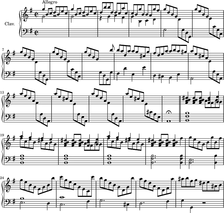 
\version "2.18.2"
\header {
  tagline = ##f
  % composer = "Domenico Scarlatti"
  % opus = "K. 337"
  % meter = "Allegro"
}

%% les petites notes
%trillBesp     = { \tag #'print { bes4.\prall } \tag #'midi { c32 bes c bes~ bes4 } }

upper = \relative c'' {
  \clef treble 
  \key g \major
  \time 2/2
  \tempo 2 = 92
  \set Staff.midiInstrument = #"harpsichord"
  \override TupletBracket.bracket-visibility = ##f

      s8*0^\markup{Allegro}
      \stemUp \repeat unfold 2 { g'4 b,8 c d b e c } | d8 b' b d, d c a' c, | c b g' b, b a g' fis |
      % ms. 5
      \repeat unfold 2 { g8 d b g s2 | g'8 e b g s2 } |
      % ms. 9
      g'8 d b g s4 s8 b'8 | b a d, a' a g cis, g' | fis d e a~ a b a gis | \repeat unfold 2 { a e cis a s2 |
      % ms. 13
      a'8 fis d a s2 } | a'8 e cis a s2 | s1 |
      % ms. 18
      \stemNeutral \repeat unfold 2 { < fis a b dis >4 q8 q8 << { < fis b dis >4 < g e' > } \\ { a8 fis b g } >> | << { a'4 g fis e } \\ { fis8 c e b dis a b g } >> }
      % ms. 22
      < fis a b dis >4 q8 q8 q4 fis' | g8 e b g b g' b, fis' | g e b g e g b b' | c g e c g e c c'' |
      % ms. 26
      b8 g d b g d g b' | a fis d a fis d fis a' | ais b fis g dis e ais, b | 

}

lower = \relative c' {
  \clef bass
  \key g \major
  \time 2/2
  \set Staff.midiInstrument = #"harpsichord"
  \override TupletBracket.bracket-visibility = ##f

    % ************************************** \appoggiatura a8  \repeat unfold 2 {  } \times 2/3 { }   \omit TupletNumber 
      \stemDown \change Staff = "upper" g'2 r2 | g2 r2 | r4 g4 a fis  | g b, c d |
      % ms. 5
      \change Staff = "lower" g,2 \repeat unfold 2 { \stemDown \change Staff = "upper" d'8  \change Staff = "lower" g, d g, | s2 \stemDown \change Staff = "upper" e''8 \change Staff = "lower" c g c, s2 } |
      % ms. 9
      g'8 d g, g' | fis4 d' e, e' | d, cis b e | a,2 \repeat unfold 2 { \stemDown \change Staff = "upper" e''8  \change Staff = "lower" a, e a, |
      % ms. 13
      s2 \stemDown \change Staff = "upper" fis''8   \change Staff = "lower" a, d, a s2 } | \stemDown \change Staff = "upper" e''8 \change Staff = "lower" cis a e | a,1\fermata \bar "||"
      % ms. 18
      \repeat unfold 4 { < b fis' b >1 }
      % ms. 22
      < b fis' b >2. q4 | < e b >2. < b b' >4 | << { b'1 | c } \\ { e,2. d4 | c2. fis4 } >>
      % ms. 26
      g2. cis,4 | d2. fis4 | g4 g, r2 |

}

thePianoStaff = \new PianoStaff <<
    \set PianoStaff.instrumentName = #"Clav."
    \new Staff = "upper" \upper
    \new Staff = "lower" \lower
  >>

\score {
  \keepWithTag #'print \thePianoStaff
  \layout {
      #(layout-set-staff-size 17)
    \context {
      \Score
     \override SpacingSpanner.common-shortest-duration = #(ly:make-moment 1/2)
      \remove "Metronome_mark_engraver"
    }
  }
}

\score {
  \keepWithTag #'midi \thePianoStaff
  \midi { }
}
