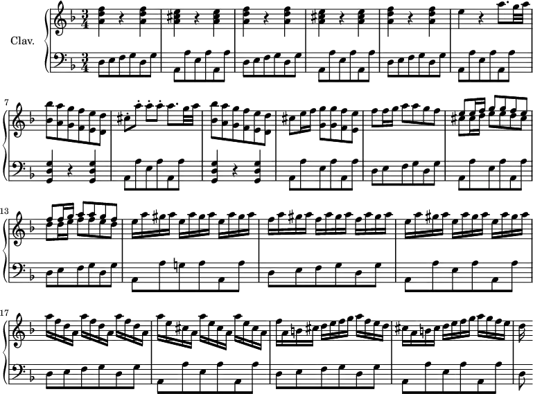 \version "2.18.2"
\header {
tagline = ##f
% composer = "Domenico Scarlatti"
% opus = "K. deest"
% meter = ""
}
%% les petites notes
trillAqp = { \tag #'print { a8. } \tag #'midi { bes32 a bes a~ a16 } }
base = { d,8 e f g d g | a, a' e a a, a' }
upper = \relative c'' {
\clef treble
\key d \minor
\time 3/4
\tempo 4 = 88
\set Staff.midiInstrument = #"harpsichord"
\override TupletBracket.bracket-visibility = ##f
%s8*0^\markup{Allegro}
\repeat unfold 2 { < a d f >4 r4 q4 | < a cis e >4 r4 q4 } | < a d f >4 r4 q4 | e'4 r4 \trillAqp g32 a | < bes, bes' >8 < a a' > < g g' > < f f'> < e e' > < d d' > |
% ms. 3
cis'8-. a'-. a-. a-. \trillAqp g32 a | < bes, bes' >8 < a a' > < g g' > < f f'> < e e' > < d d' > | cis'8 e16 f < g, g' >8 q < f f' > < e e' >
% ms. 11
f'8 f16 g a8 a g f | << { e8 e16 f g8 g f e | f f16 g a8 a g f } \\ { cis8 cis16 d e8 e d cis | d d16 e f8 f e d } >> |
% ms. 14
\repeat unfold 3 { e16 a gis a } | \repeat unfold 3 { f16 a gis a }
% ms. 16
\repeat unfold 3 { e16 a gis a } | \repeat unfold 3 { a16 f d a } | \repeat unfold 3 { a'16 e cis a } |
% ms. 19
f'16 a, b cis d e f g a f e d | cis a b cis d e f g a g f e | d
}
lower = \relative c' {
\clef bass
\key d \minor
\time 3/4
\set Staff.midiInstrument = #"harpsichord"
\override TupletBracket.bracket-visibility = ##f
% ************************************** \appoggiatura a16 \repeat unfold 2 { } \times 2/3 { } \omit TupletNumber
\repeat unfold 3 { \base } |
% ms. 7
\repeat unfold 2 { < g, d' g >4 r4 q4 | a8 a' e a a, a' }
% ms. 11
\base | d,8 e f g d g | a, a' g! a a, a' |
% ms. 16
\base | \base |
% ms. 19
\base | d,8
}
thePianoStaff = \new PianoStaff <<
\set PianoStaff.instrumentName = #"Clav."
\new Staff = "upper" \upper
\new Staff = "lower" \lower
>>
\score {
\keepWithTag #'print \thePianoStaff
\layout {
#(layout-set-staff-size 17)
\context {
\Score
\override SpacingSpanner.common-shortest-duration = #(ly:make-moment 1/2)
\remove "Metronome_mark_engraver"
}
}
}
\score {
\keepWithTag #'midi \thePianoStaff
\midi { }
}