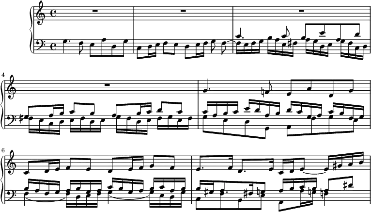 
\version "2.18.2"
\header {
  tagline = ##f
}
upper =  \relative c' {
         \clef "treble" 
         \tempo "Andante maestoso"
         \key c \major
         \time 4/4 
         \tempo 4 = 50
       R1*4 g'4. f!8 e a d, g c, d16 e f8 e d e16 f g8 f
       e8. f16 d8. e16 c d e8 ~ e16 gis a b
}
lower = \relative c' {      
         \clef "bass" 
         \key c \major
         \time 4/4
        
      g4.f8 e a d, g
      c, d16 e f8 e d e16 f g8
      <<{\stemDown f8 ~ f16 e f g b a e fis a g d e g fis c d } 
        \\ { \stemUp s8 c'4. c8 b e a, d}>>
      <<{\stemDown fis,16 e c d e fis d e g fis d e fis g e fis} 
        \\ { \stemUp g8 a16 b c8 b a b16 c d8 c}>>
      <<{\stemDown g8 e  d g, a  f' g e} 
        \\ { \stemUp c'16 a b c e d a b d c g a c b f g}>>
       <<{\stemDown  f4 _ (f16) d e f g4 _ (g16) e d g} 
        \\ { \stemUp b16 a f g a b g a c b g a b c a b }>>
       <<{\stemDown c,8 f b, e a, a'16 g! f!4 } 
        \\ { \stemUp b16 gis a8. fis16 g8 a16 b c b a8 dis }>>
} 
\score {
  \new PianoStaff <<  
    \new Staff = "upper" \upper
    \new Staff = "lower" \lower
  >>
  \layout {
    \context {
      \Score
      \remove "Metronome_mark_engraver"
    }
  }
  \midi { }
}
