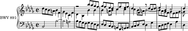 
\version "2.18.2"
\header {
  tagline = ##f
}

upper = \relative c'' {
  \clef treble 
  \key bes \minor
  \time 2/2
  \tempo 2 = 56 % tempo de Keller
  \set Staff.midiInstrument = #"harpsichord" 

   %% PRÉLUDE CBT II-22, BWV 891, si-bémol mineur
   << { s1*2 r2 bes'8 aes ges f ges f ees des c f ees f | des4 f, r8 des'8 c des | ees4 bes c2 des4 } \\ { des8 c bes a bes4 f ges ees c f des bes bes' bes bes a8 bes c4 c | c bes8 a bes2~ bes8 aes ges f ges ees f ges~ ges } >>
}

lower = \relative c' {
  \clef bass 
  \key bes \minor
  \time 2/2
  \set Staff.midiInstrument = #"harpsichord" 
    
    bes,2 bes'~ bes a | bes8 aes ges f ges f ees des | ees des c bes a f g a | bes c des ees des4 ges | c,8 des ees f ees4 aes | des,
    
} 

\score {
  \new PianoStaff <<
    \set PianoStaff.instrumentName = #"BWV 891"
    \new Staff = "upper" \upper
    \new Staff = "lower" \lower
  >>
  \layout {
    \context {
      \Score
      \remove "Metronome_mark_engraver"
      \override SpacingSpanner.common-shortest-duration = #(ly:make-moment 1/2)
    }
  }
  \midi { }
}
