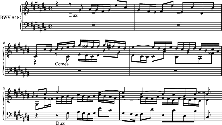 
\version "2.18.2"
\header {
  tagline = ##f
}

Dux          = { r4 r8_\markup{Dux} gis8 ais16 gis fis gis eis'8 cis gis fis16 eis fis8 dis' eis, cis' dis, bis' cis, }
Comes        = { r4 r8_\markup{Comes} cis8 eis16 dis cis dis bis'8 gis dis cis16 bis cis8 ais' bis, gis' ais, fisis' gis, }
ContreSujet  = { cis16 bis cis dis eis fis gis fisis eis fisis gis fis eis dis eis4~ eis16 dis cis eis dis cis bis dis cis bis cis ais } 

upper = \relative c'' {
  \clef treble 
  \key cis \major
  \time 4/4
  \tempo 4 = 92  \set Staff.midiInstrument = #"harpsichord" 

   %% FUGUE CBT I-13, BWV 858, fa-dièse majeur
   << { \Dux \relative c'' \ContreSujet \grace ais'16 bis8 dis fis2 eis4~ eis dis~ dis8 cis bis dis~ dis } \\ { R1*2 \relative c' { \Comes } gis,16 fisis gis ais bis gis cis bis ais bis cis bis ais gis ais4~ ais16 gis fis ais gis fis eis gis fis eis fis dis eis4 } >>

}

lower = \relative c' {
  \clef bass 
  \key cis \major
  \time 4/4
  \set Staff.midiInstrument = #"harpsichord" 
    
   R1*4 \Dux

}

\score {
  \new PianoStaff <<
    \set PianoStaff.instrumentName = #"BWV 848"
    \new Staff = "upper" \upper
    \new Staff = "lower" \lower
  >>
  \layout {
    \context {
      \Score
      \remove "Metronome_mark_engraver"
      %\override SpacingSpanner.common-shortest-duration = #(ly:make-moment 1/2) 
    }
  }
  \midi { }
}
