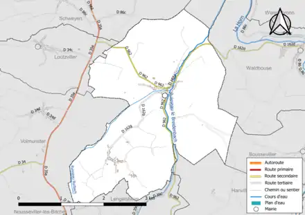Carte en couleur présentant le réseau hydrographique de la commune