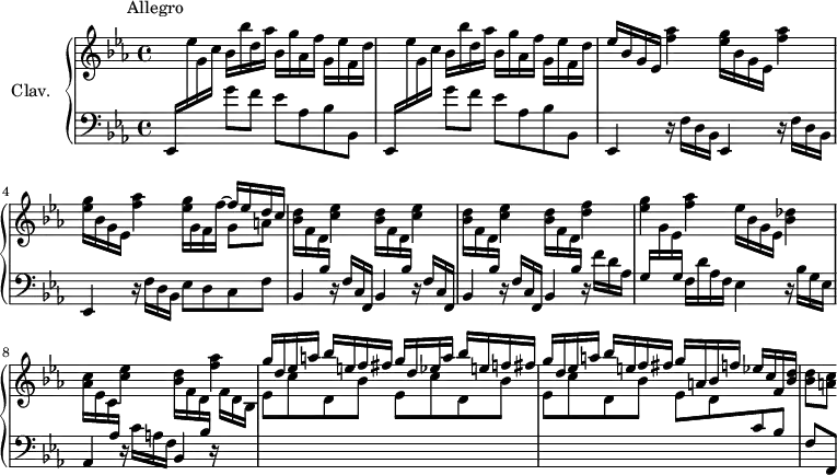 
\version "2.18.2"
\header {
  tagline = ##f
  % composer = "Domenico Scarlatti"
  % opus = "K. 51"
  meter = "                         Allegro"
}

%% les petites notes
%trillBesp     = { \tag #'print { bes4.\prall } \tag #'midi { c32 bes c bes~ bes4 } }

upper = \relative c'' {
  \clef treble 
  \key ees \major
  \time 4/4
  \tempo 4 = 82
  \set Staff.midiInstrument = #"harpsichord"
  \override TupletBracket.bracket-visibility = ##f

      % s8*0^\markup{Allegro}
      \repeat unfold 2 { \stemUp \change Staff = "lower" ees,,,16  \stemNeutral  \change Staff = "upper" ees''' g, c  bes bes' d, aes' bes, g' aes, f' g, ees' f, d' } | 
      % ms. 3
      ees16 bes g ees \repeat unfold 2 { < f' aes >4 < ees g >16 bes g ees } < f' aes >4 << { \stemDown < ees g >16 g, f f'~ \stemUp f ees d c } \\ { s4 g8 a } >> | \repeat unfold 3 { \stemDown < bes d >16 f d \stemUp \change Staff = "lower" bes \stemNeutral  \change Staff = "upper" < c' ees >4 }  \stemDown
      % ms. 6
      < bes d >16 f d \stemUp \change Staff = "lower" bes \stemNeutral \change Staff = "upper" < d' f >4 |
      % ms. 7
      < ees g > < f aes > \stemDown ees16 bes g ees < bes' des >4 |
      % ms. 8
      < aes c >16 ees c \stemUp \change Staff = "lower" aes \stemNeutral \change Staff = "upper"  < c' ees >4  \stemDown  < bes d >16 f d \stemUp \change Staff = "lower" bes \stemNeutral \change Staff = "upper" < f'' aes >4
      % ms. 9
      \stemUp g16 d ees a  bes e, f fis  g d ees a bes e, f fis | g d ees a  bes e, f fis  g a, bes f' ees c f, < bes d > \stemNeutral | q8[ < a c >8]
      % ms. x
      

}

lower = \relative c' {
  \clef bass
  \key ees \major
  \time 4/4
  \set Staff.midiInstrument = #"harpsichord"
  \override TupletBracket.bracket-visibility = ##f

    % ************************************** \appoggiatura a16  \repeat unfold 2 {  } \times 2/3 { }   \omit TupletNumber 
      \repeat unfold 2 { s4 g'8 f ees aes, bes bes, }
      % ms. 3
      \repeat unfold 3 { ees,4 r16 f'16 d bes } | ees8 d c f | \repeat unfold 3 { bes,4 r16 f'16 c f, }
      % ms. 6 fin
      bes4 r16 f'' d aes  | g \change Staff = "upper" g' ees \change Staff = "lower" g, f d' aes f ees4 | r16 bes'16 g ees | aes,4 r16 c'16 a f bes,4 r16 \stemDown \change Staff = "upper" f'' d bes |
      % ms. 9
      \repeat unfold 3 { ees8 c' d, bes' } ees, d \stemUp \change Staff = "lower" c bes | f[ f,] 
      % ms. 12
      

}

thePianoStaff = \new PianoStaff <<
    \set PianoStaff.instrumentName = #"Clav."
    \new Staff = "upper" \upper
    \new Staff = "lower" \lower
  >>

\score {
  \keepWithTag #'print \thePianoStaff
  \layout {
      #(layout-set-staff-size 17)
    \context {
      \Score
     \override SpacingSpanner.common-shortest-duration = #(ly:make-moment 1/2)
      \remove "Metronome_mark_engraver"
    }
  }
}

\score {
  \keepWithTag #'midi \thePianoStaff
  \midi { }
}
