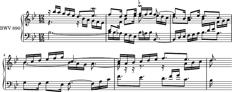 
\version "2.18.2"
\header {
  tagline = ##f
}

Mordeeshp   = { \tag #'print { ees8.-\parenthesize\mordent] } \tag #'midi { ees32 d ees16~ ees16 }  }
Prallgs   = { \tag #'print { g16\prall^\markup { \tiny \flat } } \tag #'midi { \times 2/3 { aes32 g aes } }  }

upper = \relative c'' {
  \clef treble 
  \key bes \major
  \time 12/16
  \tempo 8. = 84
  \set Staff.midiInstrument = #"harpsichord" 

   %% PRÉLUDE CBT II-21, BWV 890, si-bémol majeur
   << { b'16\rest bes16 a g f ees d8.[ \Mordeeshp f8 d16 ees8 g16 \Prallgs f16 g f8.~ | f8 bes,16 a8 ees'16 d8.[ c] | \mergeDifferentlyDottedOn bes16 c d ees f g c,4.~ | c16 a bes c d ees f8.[ ees] | d~ } \\ { r4. r16 bes16 a g f ees \stemUp \change Staff = "lower" d8 \stemDown \change Staff = "upper" f16 bes8 ees16 ees8.~ ees16 d c | d8.[ c] bes16  \stemUp \change Staff = "lower"  d, ees  \stemDown \change Staff = "upper"  f g a | bes4.~ bes16 a g a8.~ a16 r16 r16 r8. r16 \stemUp \change Staff = "lower"  f16 g  \stemDown \change Staff = "upper"  a bes c | d8 } >>
}

lower = \relative c' {
  \clef bass 
  \key bes \major
  \time 12/16
  \set Staff.midiInstrument = #"harpsichord" 
    
    bes2._~ bes16 bes aes g f ees bes' a bes bes,8.~ | bes16 d ees f g a bes8.[ a]
    g8 f16 g8 ees16 f8.~ f16 a c f8.[ ees] d[ c] | bes16
} 

 thePianoStaff = \new PianoStaff <<
    \set PianoStaff.instrumentName = #"BWV 890"
    \new Staff = "upper" \upper
    \new Staff = "lower" \lower
  >>
\score {
  \keepWithTag #'print \thePianoStaff
  \layout {
    \context {
      \Score
      \remove "Metronome_mark_engraver"
    }
  }
}

\score {
  \keepWithTag #'midi \thePianoStaff
  \midi { }
}
