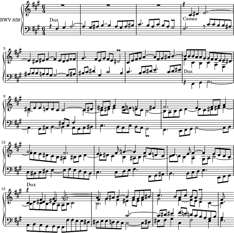 
\version "2.18.2"
\header {
  tagline = ##f
}

PrallgisB     = { \tag #'print { gis2\prall } \tag #'midi { \times 2/3 { a16 gis a gis a gis a gis a } gis8 }  }

DuxNotes         = \relative { fis4 gis a2.~ a4 gis8 ais b4~ b4 ais8 gis ais bis cis4. b8 a cis b a \PrallgisB }
Dux              = { r4^\markup{Dux} \DuxNotes }
Comes            = { r4_\markup{Comes} \transpose fis cis { \DuxNotes } }
ContreSujet      = { cis8 cis b b ais ais b b a a gis gis2~ gis8 ais bis cis dis4 gis, cis2 bis4 cis4. b8 cis dis e4. cis8 dis eis }
ContreSujetCourt = { cis8 cis b b ais ais b b a a gis gis2~ gis8 ais bis cis dis4 gis, cis2 bis4 }

upper = \relative c'' 
{
  \clef treble 
  \key fis \minor
  \time 6/4
  \tempo 4 = 96
  \set Staff.midiInstrument = #"harpsichord" 

   %% FUGUE CBT I-14, BWV 859, fa-dièse mineur

   << { s1.*14 \transpose c c' \Dux fis,8 } \\ { s1.*7 fis4 cis b cis a fis b2.  s2  cis4~ cis8 dis eis4 fis8 e d cis b2~ | b8 a b cis d4~ d8 cis dis eis fis4~ fis8 fis e dis cis b ais4 bis8 cis dis4~ | dis8 dis cis4 b ais8 b cis2~ | cis8 cis b4 a gis8 a b2~ | b8 d cis b b a a b cis2 b2. } \\ { R1.*3 \transpose c c' \Comes \tag #'print cis8 \tag #'midi r8 e8 fis gis a4~ a8 fis gis ais b4~ b8 b b a a gis gis \transpose cis fis' { \relative \ContreSujetCourt } fis2. e4 fis8 gis a4 gis2. fis2. | e4. fis8 g4~ g fis8 e d cis d4. e8 fis4~ fis e8 d cis b cis4 dis eis fis2.~ | fis4 \stemDown gis fis eis fis8 eis fis4 | gis2 fis4_~ fis8 e d4 cis_~ | cis4. } >> 
}

lower = \relative c'
 {
  \clef bass 
  \key fis \minor
  \time 6/4
  \set Staff.midiInstrument = #"harpsichord" 
    
  << { \Dux fis,2. r8 \transpose c c' { \relative \ContreSujet } s1. s2. eis8 cis fis4 s4 | s1.*6 s2.  cis'2.~ | cis8 dis eis4 fis8 e d cis b a gis b | a4 } \\ { s1.*7 \transpose c c, \Dux fis,4. e8 fis gis a2~ a8 b | cis bis cis dis e4~ e8 fis e dis cis bis | cis4. cis8 d e fis4. fis,8 gis ais b4. b8 cis d e4. e,8 fis gis | a b a gis gis fis fis \transpose cis fis { \relative \ContreSujetCourt } fis'4. } >>
  
} 


 thePianoStaff = \new PianoStaff <<
    \set PianoStaff.instrumentName = #"BWV 859"
    \new Staff = "upper" \upper
    \new Staff = "lower" \lower
  >>
\score {
  \keepWithTag #'print \thePianoStaff
  \layout {
    \context {
      \Score
      \remove "Metronome_mark_engraver"
    }
  }
}

\score {
  \keepWithTag #'midi \thePianoStaff
  \midi { }
}
