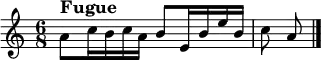 
\new Staff
\relative c'' {
    \version "2.18.2"
    \key a \minor
    \time 6/8
    \tempo ""
    a8^\markup{\larger\bold"Fugue" } c16 b c a b8 e,16 b' e b
    c8 a 
    \bar "|."
}
