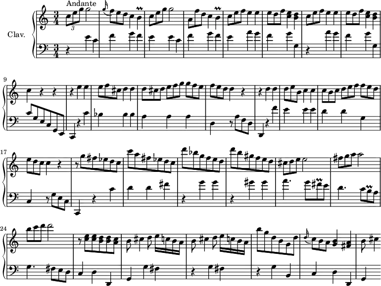 
\version "2.18.2"
\header {
  tagline = ##f
  % composer = "Domenico Scarlatti"
  % opus = "K. 165"
  % meter = "Andante"
}

%% les petites notes
trillB       = { \tag #'print { b4\prall } \tag #'midi { \times 2/3 { c32 b c } b16~ b8 } }
trillFisq    = { \tag #'print { fis8\prall } \tag #'midi { \times 2/3 { g32 fis g } fis16 } }
trillBq      = { \tag #'print { b8\prall } \tag #'midi { \times 2/3 { c32 b c } b16 } }

upper = \relative c'' {
  \clef treble 
  \key c \major
  \time 3/4
  \tempo 4 = 80
  \set Staff.midiInstrument = #"harpsichord"
  \override TupletBracket.bracket-visibility = ##f

      s8*0^\markup{Andante}
      \times 2/3 { c8 e g }  g2 | \omit TupletNumber \appoggiatura g16 \times 2/3 { f8 e d } c4 \trillB | \times 2/3 { c8 e g }  g2 | \times 2/3 { a,8 f' d } c4 \trillB
      % ms. 5
      \repeat unfold 2 { \times 2/3 { c8 e f } e4 e | \times 2/3 { e8 d f } < c e >4 < b d > } | c4 r4 r4 |
      % ms. 10
      r4 e4 e | \times 2/3 { e8 f cis } d4 d | \times 2/3 { d8 cis d } \times 2/3 { e8[ f g] } \times 2/3 { g8 f e } | \times 2/3 { f8 e d } d4 r4 | r4 d4 d |     
      % ms. 15
      \times 2/3 { d8 e b } c4 c | \times 2/3 { c8 b c } \times 2/3 { d8[ e f] } \times 2/3 { f8 e d } | \times 2/3 { e8 d c } c4 r4 | r8 g'8 fis ees d c | c' a fis ees d c |  
      % ms. 20
      d'8 bes g f e d | d' b gis f e d | \times 2/3 { cis8 d e } e2 | \times 2/3 { fis8 g a } a2 | \times 2/3 { b8 c d } d2 | 
      % ms. 35
      r8 < c, e >8 q < b d > q < a c > | \repeat unfold 2 { b cis4 d8 e16 c b a } | b'8 g d b g d' | \appoggiatura d16 \times 2/3 { c8 b a } < g b >4 < fis a >
      % ms. 30
      b8 cis4*1/2

}

lower = \relative c' {
  \clef bass
  \key c \major
  \time 3/4
  \set Staff.midiInstrument = #"harpsichord"
  \override TupletBracket.bracket-visibility = ##f

    % ************************************** \appoggiatura a16  \repeat unfold 2 {  } \times 2/3 { }   \omit TupletNumber 
      r4 \repeat unfold 2 { e4 c | f g f |
      % ms. 5 suite
      e4 } a g | f g g, | r4 a'4 g | f g g, | c8 g e c g e |
      % ms. 10
      c4 r4 c''4 | bes bes bes | a a a | d, r8 a'8 f d | d,4 r4 f''4 |
      % ms. 15
      e4 e e | d d g, | c, r8 g'8 e c | c,4 r4 c''4 | d d fis |
      % ms. 20
      r4 g4 g | r4 gis4 gis | a4. g8 \trillFisq e8 | d4. c8 \trillBq a8 | g4. fis8 e d |
      % ms. 35
      c4 d d, | g g' fis | r4 g4 fis | r4 g4 b, | c d d, | 
      % ms. 30
      g4

}

thePianoStaff = \new PianoStaff <<
    \set PianoStaff.instrumentName = #"Clav."
    \new Staff = "upper" \upper
    \new Staff = "lower" \lower
  >>

\score {
  \keepWithTag #'print \thePianoStaff
  \layout {
      #(layout-set-staff-size 17)
    \context {
      \Score
     \override SpacingSpanner.common-shortest-duration = #(ly:make-moment 1/2)
      \remove "Metronome_mark_engraver"
    }
  }
}

\score {
  \keepWithTag #'midi \thePianoStaff
  \midi { }
}
