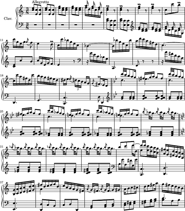 
\version "2.18.2"
\header {
  tagline = ##f
  % composer = "Domenico Scarlatti"
  % opus = "K. 548"
  % meter = "Allegretto"
}

%% les petites notes
trillDq       = { \tag #'print { d8\prall } \tag #'midi { e32 d e d } }
trillBq       = { \tag #'print { b8\prall } \tag #'midi { c32 b c b } }
trillCE       = { \tag #'print { < c e >4\prall } \tag #'midi { << { f32 e f e~ e8 } \\ { c4 } >> } }
trillEG       = { \tag #'print { < e g >4\prall } \tag #'midi { << { a32 g a g~ g8 } \\ { e4 } >> } }
trillFisqp    = { \tag #'print { fis8.\prall } \tag #'midi { g32 fis g fis~ fis16 } }

upper = \relative c'' {
  \clef treble 
  \key c \major
  \time 3/8
  \tempo 4. = 66
  \set Staff.midiInstrument = #"harpsichord"
  \override TupletBracket.bracket-visibility = ##f

      s8*0^\markup{Allegretto}
      \repeat unfold 2 { < c e >8 < e, c' > q } | \repeat unfold 2 { < e' g >8 < c e > q } | << { a'16 s16 g16 s16 f16 s16 } \\ { f16 d e c d g, } >> | \repeat unfold 2 { \trillCE r8 } |
      % ms. 8
      \repeat unfold 2 { \trillEG r8 } | c8 c' \trillBq | c16[ g e g] \acciaccatura g8 f8 | e4 \trillDq |
      % ms. 13
      c16 c' bes g e c | bes4.~ | bes16 bes' g e c bes' | a d c a fis d | c4.~ | c16 c' a fis d c' |
      % ms. 19
      b16 a g fis e d | dis e \acciaccatura e8 \times 2/3 { d16[ c b] } a16 g | \acciaccatura g8 \trillFisqp   \tempo 4. = 45 e16   \tempo 4. = 32 d8  \bar "||"  \tempo 4. = 66  \key g \minor
      % ms. 22
      \repeat unfold 2 { << { d''32 c bes8 a g16 | \omit TupletNumber  \times 2/3 { fis16[ g a] } g8 fis } \\ { d4. e } >> }
      % ms. 26
      \repeat unfold 2 { << { c'32 bes aes8 g f16 | \omit TupletNumber  \times 2/3 { e16[ f g] } f8 e } \\ { c4. d } >> }
      % ms. 30 
      \repeat unfold 3 { \acciaccatura bes'8 aes32[ g16.] }

      % ms. 31 ******************** C'est là qu'est l'os :
      \bar "||" \key c \major \acciaccatura bes8 aes32[ g16.]  \repeat unfold 2 {  \acciaccatura bes8 \key c \major aes32[ g16.] } | \repeat unfold 3 { \acciaccatura bes8 a32[ g16.] } | \repeat unfold 3 { \acciaccatura b8 a32[ g16.] }

      % ms. 34
      << { b8 c d~ | d16[ d] } \\ { s4 d16 d, | e8 < e c' >16 < d b' > < c a' > < b g' > } >> < a fis' >16 < g e' > < fis d' > < e c' > < d b' > < c a' > | < b g' > < c a' > < d b' > < e c' > < fis d' > < g e' > | << { fis'16 d e fis g d } \\ { a4 } >>
      % ms. 39
      e'16 c b a g fis | \repeat unfold 2 {  \acciaccatura a8 \key c \major g32[ fis16.] } g16 gis | a16 b8 c cis16 | d16 e8 fis a16 | g16 fis e d c b |

}

lower = \relative c' {
  \clef bass
  \key c \major
  \time 3/8
  \set Staff.midiInstrument = #"harpsichord"
  \override TupletBracket.bracket-visibility = ##f

    % **************************************
      R4.*5 | \repeat unfold 2 { < c e >8 < e, c' > q } |   \clef treble 
      % ms. 8
      \repeat unfold 2 { < e' g >8 < c e > q } | << { a'16 s16 g16 s16 f16 s16 } \\ { f16 d e c d g, } >> | < c e >8 c' b | c16 g e g f8 |
      % ms. 13
      e4 r8 |   \clef bass r16 g16 e c bes g | c,,4. | f8 r8 r8 | r16 a''16 fis d c a | d,,4. |
      % ms. 19
      g4. < c, c' > | d'8 d,4 || \bar "||" \key g \minor  \clef treble \repeat unfold 2 { < g'' bes >8 q q | < g a c > q q } |
      % ms. 26
      \repeat unfold 2 { < f aes >8 q q | < f g bes > q q }

      % ms. 30 ********* :
      < f aes c >8 q q || \key c \major \grace s8 < ees g c >8 q q | < d fis a > q q | < c d fis a > q q |   \clef bass

      % ms. 34
      b16 g' a, fis' g, g' | < c,,, c' >4. < d d' > < e e' > | < d d' >8 c' b |
      % ms. 39
      c8 d d, | < g b > < a c > < b d > | < c e > < d fis > < e g > | < fis a > < g b > < a c > | << { d4. } \\ { b8 a b } >>

}

thePianoStaff = \new PianoStaff <<
    \set PianoStaff.instrumentName = #"Clav."
    \new Staff = "upper" \upper
    \new Staff = "lower" \lower
  >>

\score {
  \keepWithTag #'print \thePianoStaff
  \layout {
      #(layout-set-staff-size 17)
    \context {
      \Score
     \override SpacingSpanner.common-shortest-duration = #(ly:make-moment 1/2)
      \remove "Metronome_mark_engraver"
    }
  }
}

\score {
  \keepWithTag #'midi \thePianoStaff
  \midi { }
}
