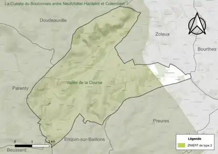 Carte de la ZNIEFF de type 2 sur la commune.