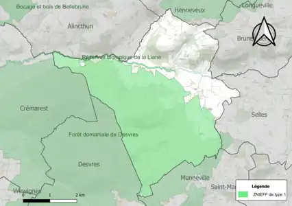 Carte des ZNIEFF de type 1 sur la commune.