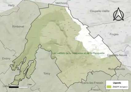 Carte de la ZNIEFF de type 2 sur la commune.