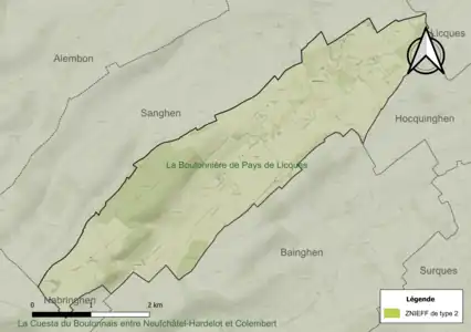 Carte de la ZNIEFF de type 2 sur la commune.