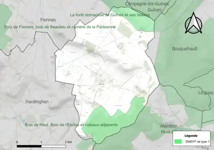 Carte des ZNIEFF de type 1 sur la commune.