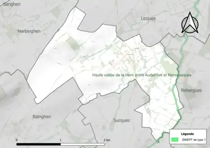 Carte de la ZNIEFF de type 1 sur la commune.