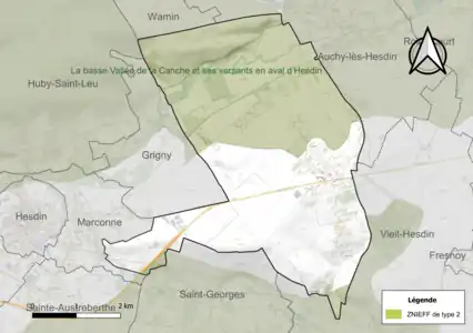 Carte des ZNIEFF de type 2 sur la commune.