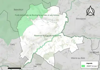 Carte des ZNIEFF de type 1 sur la commune.