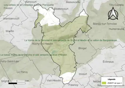 Carte de la ZNIEFF de type 2 sur la commune.