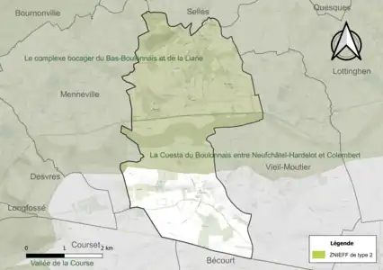 Carte des ZNIEFF de type 2 sur la commune.