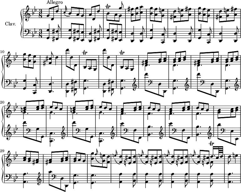 \version "2.18.2"
\header {
tagline = ##f
}
%% les petites notes
trillBesqDown = { \tag #'print { bes,8^\trill } \tag #'midi { c32 bes c bes } }
trillBesq = { \tag #'print { bes8^\trill } \tag #'midi { c32 bes c bes } }
trillDqqUp = { \tag #'print { d'16.\trill } \tag #'midi { \times 2/3 { ees32 d ees } d } }
upper = \relative c'' {
\clef treble
\key g \minor
\time 3/8
\tempo 4. = 70
\set Staff.midiInstrument = #"harpsichord"
s8*0^\markup{Allegro}
g8 d d' | \appoggiatura c32 bes8 a g | a d, d' | << { s4 g8 } \\ { \trillBesqDown a8 g8 } >> | < a fis' >8 < bes g' > < c a' > | < bes g' > < a f' > < g e' > |
% ms. 7
\repeat unfold 2 { < fis d' >8 < g e' > < a fis' > | < bes g' > < a f' > < g ees' > } | < fis cis' > \tempo 4. = 50 d'4 | \tempo 4. = 70 \repeat unfold 2 { d'8 d, d, | \trillBesq a g } |
% ms. 16
\repeat unfold 2 { << { < fis' a >8 < g bes > < a c > | < g bes > < a c > < bes d > } \\ { d,4. | d } >> }
% ms. 20
\repeat unfold 2 { << { < b' d >8 < c ees > < d f > | ees d c } \\ { g4. | g } >> }
% ms. 25
\repeat unfold 2 { << { < a c >8 < bes d > < c ees > | d c bes } \\ { f4. | f } >> }
% ms. 28
< g bes >8 < a c > < bes d > | < a c > < g bes > < fis a > | q < g bes > < a c > | < g bes > a g |
% ms. 32
< bes g' >8 \appoggiatura f'16 < g, e' >8 < f d' > | \repeat unfold 3 { \appoggiatura e'16 < f, d' >8 < e cis' > < f d' > } | \appoggiatura e'16 < f, d' >8 < e cis' > \tempo 4. = 55 << { \trillDqqUp cis64 d } \\ { f,8 } >> | \tempo 4. = 35 d'8 e4 |
}
lower = \relative c' {
\clef bass
\key g \minor
\time 3/8
\set Staff.midiInstrument = #"harpsichord"
% **************************************
< g, g' >4 \repeat unfold 2 { < fis fis' >8 | < g g' >8 < fis fis' > < ees ees' > | < d d' >4 }
\repeat unfold 2 { < d d' >8 | < g g' >4 < c, c' >8 | < d d' >4 }
% ms. 7
< d d' >8 | < g g' >4 < c, c' >8 | < d d' >4.
\stemDown \repeat unfold 2 { < d d' >4 < fis fis' >8 | < g g' >4. } |
% ms. 16
\repeat unfold 2 { \clef treble d''''8 \clef bass d,,, d, | < g g' >4. } |
% ms. 20
\repeat unfold 2 { \clef treble d''''8 \clef bass g,,, g, | < c, c' >4. } |
% ms. 24
\repeat unfold 2 { \clef treble c''''8 \clef bass f,,, f, | < bes bes' >4. } |
% ms. 28
\clef treble bes'''8 \clef bass ees,,, ees, | < a a' >4. |
% ms. 30
\clef treble a'''8 \clef bass d,,, d, | < g g' >4. |
% ms. 32
< g g' >4. | \repeat unfold 4 { < a a' >4 < bes a' >8 } | < a a' >4.
}
thePianoStaff = \new PianoStaff <<
\set PianoStaff.instrumentName = #"Clav."
\new Staff = "upper" \upper
\new Staff = "lower" \lower
>>
\score {
\keepWithTag #'print \thePianoStaff
\layout {
#(layout-set-staff-size 17)
\context {
\Score
\override SpacingSpanner.common-shortest-duration = #(ly:make-moment 1/2)
\remove "Metronome_mark_engraver"
}
}
}
\score {
\keepWithTag #'midi \thePianoStaff
\midi { }
}