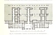 Plan légendé en allemand, montrant le rez-de-chaussée du bâtiment voyageurs et les cinq souterrains de la gare.