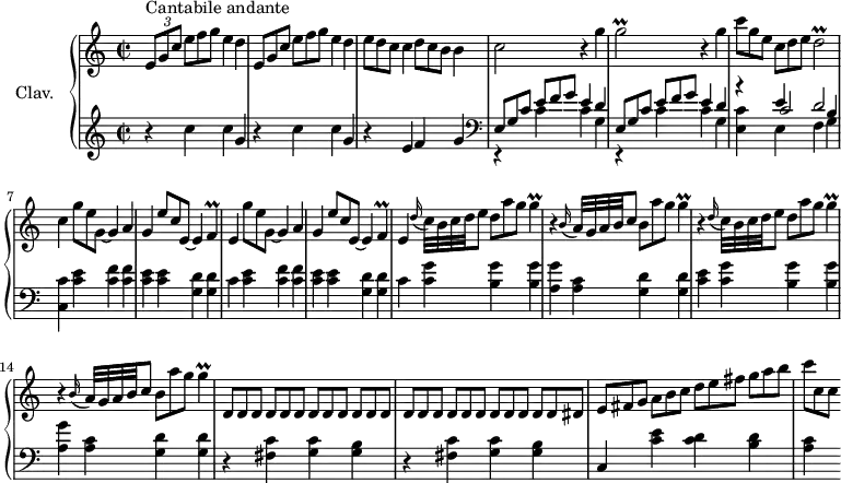 
\version "2.18.2"
\header {
  tagline = ##f
}

%% les petites notes
trillGb = { \tag #'print { g2\prall } \tag #'midi { a32 g a g~ g8~ g4 } }
trillDb = { \tag #'print { d2\prall } \tag #'midi { e32 d e d~ d8~ d4 } }
trillF = { \tag #'print { f4\prall } \tag #'midi { g32 f g f~ f8 } }
trillG = { \tag #'print { g4\prall } \tag #'midi { a32 g a g~ g8 } }

upper = \relative c'' {
  \clef treble 
  \key c \major
  \time 2/2
  \tempo 2 = 56
  \set Staff.midiInstrument = #"harpsichord"
  \override TupletBracket.bracket-visibility = ##f

      s8*0^\markup{Cantabile andante}
      \repeat unfold 2 { \times 2/3 { e,8 g c }   \omit TupletNumber \times 2/3 { e8[ f g] } e4 d } | \times 2/3 { e8[ d c] } c4 \times 2/3 { d8[ c b] } b4 |
      % ms. 4
      c2 r4 g'4 | \trillGb r4 g4 | \times 2/3 { c8 g e } \times 2/3 { c[ d e] } \trillDb |
      % ms. 7
      c4 \times 2/3 { g'8 e g,~ } g4 a | g4 \times 2/3 { e'8[ c e,~] } e4 \trillF | e4 \times 2/3 { g'8 e g,~ } g4 a | g4 \times 2/3 { e'8 c e,~ } e4 \trillF |
      % ms. 11
      e4 \appoggiatura d'16 c32 b c d e8 \times 2/3 { d8 a' g } \trillG | r4 \appoggiatura b,16 a32 g a b c8 \times 2/3 { b8 a' g } g4\prall | r4 \appoggiatura d16 c32 b c d e8 \times 2/3 { d8 a' g } \trillG |
      % ms. 14
      r4 \appoggiatura b,16 a32 g a b c8 \times 2/3 { b8 a' g } \trillG | \repeat unfold 7 { \times 2/3 { d,8[ d d] } } \times 2/3 { d8[ d dis] }
      % ms. 17
      \times 2/3 { e8[ fis g] } \times 2/3 { a8[ b c] } \times 2/3 { d8[ e fis] } \times 2/3 { g8[ a b] } | \times 2/3 { c8[ c, c] }

}

lower = \relative c' {
  \clef bass
  \key c \major
  \time 2/2
  \set Staff.midiInstrument = #"harpsichord"
  \override TupletBracket.bracket-visibility = ##f


    % ************************************** \stemUp  \stemDown  \stemNeutral
        \clef treble  \repeat unfold 2 { r4 c'4 c g } | r4 e4 f g |   \clef bass
      % ms. 3
      \repeat unfold 2 { << {   \omit TupletNumber \times 2/3 { e,8 g c } \times 2/3 { e8[ f g] } e4 d } \\ { r4 c4 c g } >> } | << { r4 \stemUp  e'4 d2 } \\ { \stemUp s4 \shiftOn c2 b4 } \\ { \stemDown < e, c' >4 e f g } >>
      % ms. 7
      < c, c' >4 < c' e > < c f > q | < c e > q < g d' > q | c4 < c e > < c f > q | < c e > q < g d' > q |
      % ms. 11
      c4 < c g' > < b g' > q | < a g' > < a c > < g d' > q | < c e > < c g' > < b g' > q |
      % ms. 14
      < a g' > < a c > < g d' > q | \repeat unfold 2 { r4 < fis c' > < g c > < g b > } | 
      % ms. 17 
      c,4 < c' e > < c d > < b d > | < a c >

}

thePianoStaff = \new PianoStaff <<
    \set PianoStaff.instrumentName = #"Clav."
    \new Staff = "upper" \upper
    \new Staff = "lower" \lower
  >>

\score {
  \keepWithTag #'print \thePianoStaff
  \layout {
      #(layout-set-staff-size 17)
    \context {
      \Score
     \override SpacingSpanner.common-shortest-duration = #(ly:make-moment 1/2)
      \remove "Metronome_mark_engraver"
    }
  }
}

\score {
  \keepWithTag #'midi \thePianoStaff
  \midi { }
}
