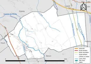 Carte en couleur présentant le réseau hydrographique de la commune