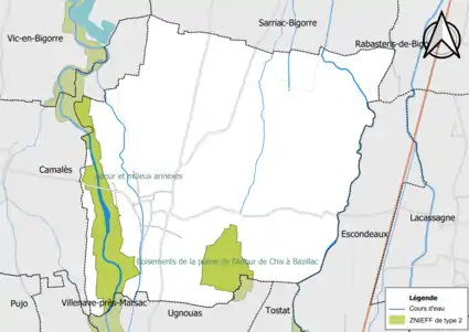 Carte des ZNIEFF de type 2 sur la commune.