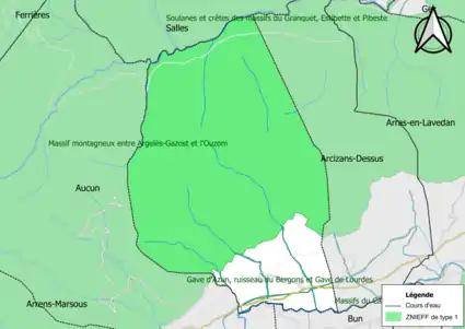 Carte des ZNIEFF de type 1 sur la commune.