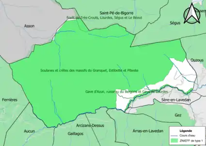 Carte des ZNIEFF de type 1 sur la commune.