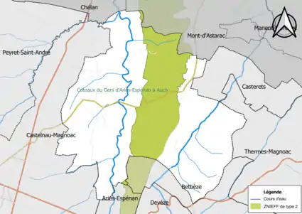 Carte de la ZNIEFF de type 2 sur la commune.
