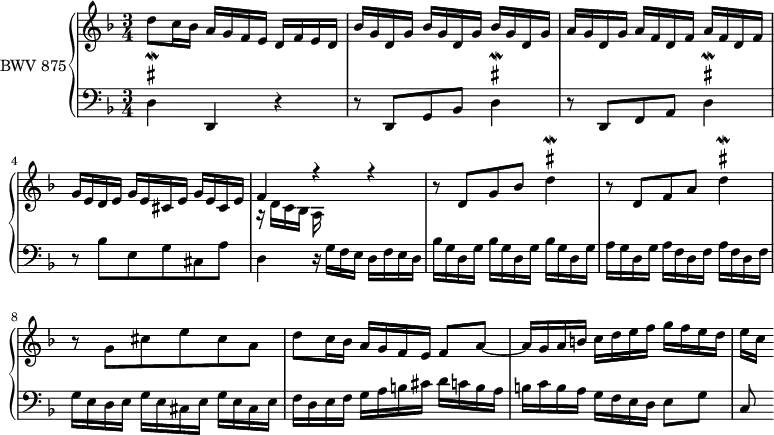 
\version "2.18.2"
\header {
  tagline = ##f
}

Morddq   = { \tag #'print { d4^\markup { \sharp }-\mordent } \tag #'midi { d32 cis d16~ d8 }  }

upper = \relative c'' {
  \clef treble 
  \key d \minor
  \time 3/4
  \tempo 4 = 112 % tempo de Keller
  \set Staff.midiInstrument = #"harpsichord" 
  \override TextScript.script-priority = #-100

   %% PRÉLUDE CBT II-6, BWV 875, ré mineur
   d8 c16 bes a g f e d f e d | \repeat unfold 3 { bes' g d g } | 
   a g d g \repeat unfold 2 { a f d f } | g e d e \repeat unfold 2 { g e cis e } | 
   << { f4 r4 r4 } \\ { r16 d[ c bes] a } >>
   r8 d8 g bes \Morddq | r8 d,8 f a \Morddq | 
   r8 g,8 cis e cis a
   d8 c16 bes a g f e f8 a~ a16 g a b c d e f g f e d | e[ c]
   
}

lower = \relative c {
  \clef bass 
  \key d \minor
  \time 3/4
  \set Staff.midiInstrument = #"harpsichord"
  \override TextScript.script-priority = #-100 
  
   \Morddq d,4 r4 r8 d8 g bes \Morddq r8 d,8 f a \Morddq
   r8 bes'8 e, g cis, a' | d,4 r16 g16 f e d f e d \repeat unfold 3 { bes'16 g d g }
   | a g d g \repeat unfold 2 { a f d f } | g e d e \repeat unfold 2 { g e cis e } |
   f d e f g a b cis d c b a b c b a g f e d e8 g | c,8  
    
} 

 thePianoStaff = \new PianoStaff <<
    \set PianoStaff.instrumentName = #"BWV 875"
    \new Staff = "upper" \upper
    \new Staff = "lower" \lower
  >>

\score {
  \keepWithTag #'print \thePianoStaff
  \layout {
    \context {
      \Score
      \remove "Metronome_mark_engraver"
      %\override SpacingSpanner.common-shortest-duration = #(ly:make-moment 1/3) 
    }
  }
}

\score {
  \keepWithTag #'midi \thePianoStaff
  \midi { }
}
