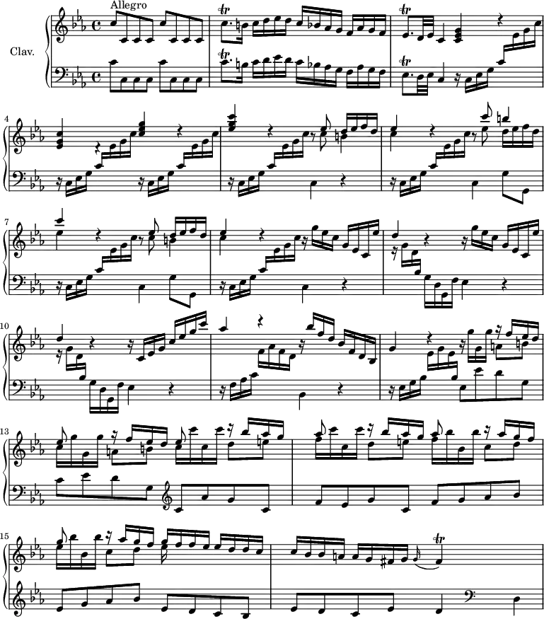 \version "2.18.2"
\header {
tagline = ##f
% composer = "Domenico Scarlatti"
% opus = "K. 37"
% meter = "Allegro"
}
%% les petites notes
trillCqpUp = { \tag #'print { c'8.\trill } \tag #'midi { d32 c d c~ c16 } }
trillEesqp = { \tag #'print { ees8.\trill } \tag #'midi { f32 ees f ees~ ees16 } }
trillFis = { \tag #'print { fis4\trill } \tag #'midi { g32 fis g fis~ fis8 } }
upper = \relative c'' {
\clef treble
\key c \minor
\time 4/4
\tempo 4 = 100
\set Staff.midiInstrument = #"harpsichord"
\override TupletBracket.bracket-visibility = ##f
s8*0^\markup{Allegro}
\repeat unfold 2 { c8 c, c c } | \trillCqpUp b16 c d ees d c bes aes g f aes g f | \trillEesqp d32 ees c4 < c ees g >4 d'4\rest
% ms. 4
< ees, g c >4 d4\rest \stemUp < c' ees g >4 d4\rest | < ees g c >4 d4\rest r8 << { ees8 d16 ees f d | ees4 } \\ { c8 b4 | c } >> d4\rest r8 << { c'8 b4 | c } \\ { ees,8 d16 ees f d | ees4 } >>
% ms. 7 suite
d4\rest r8 << { ees8 d16 ees f d | ees4 } \\ { c8 b4 | c } >> d4\rest \repeat unfold 2 { \stemNeutral r16 g16 ees c g ees c ees' |
% ms. 10
\stemUp d4 r4 } r16 c,16 ees g c ees g c | aes4 d4\rest r16 bes16 f d bes f d bes |
% ms. 12
g'4 d'4\rest r16
<< { s8. r16 f16 ees d | ees8 s8 r16 f16 ees d | ees8 s8 r16 bes'16 aes g |
% ms. 14 haut
aes8 s8 r16 bes16 aes g | aes8 s8 r16 aes16 g f g8 s8 r16 aes16 g f g f f ees }
\\ { g16 g, g' a,8 b | c16 g' g, g' a,8 b | c16 c' c, c' d,8 e |
% ms. 14 bas
f16 c' c, c' d,8 e f16 bes bes, bes' c,8 d | ees16 bes' bes, bes' c,8 d ees16 } >> ees16 d d c |
% ms. 16
c16 bes bes a a g fis g \appoggiatura g16 \trillFis
}
lower = \relative c' {
\clef bass
\key c \minor
\time 4/4
\set Staff.midiInstrument = #"harpsichord"
\override TupletBracket.bracket-visibility = ##f
% ************************************** \appoggiatura a8 \repeat unfold 2 { } \times 2/3 { } \omit TupletNumber
\repeat unfold 2 { c8 c, c c } | \trillCqpUp b16 c d ees d c bes aes g f aes g f | \trillEesqp d32 ees c4 \repeat unfold 4 { r16 c16 ees g \stemUp c \stemDown \change Staff = "upper" ees g c \change Staff = "lower" } c,,4 r4
% ms. 6
\repeat unfold 2 { r16 c16 ees g \stemUp c \stemDown \change Staff = "upper" ees g c \change Staff = "lower" c,,4 g'8 g, }
% ms. 8
r16 c16 ees g \stemUp c \stemDown \change Staff = "upper" ees g c \change Staff = "lower" c,,4 r4 |
\repeat unfold 2 { \stemDown \change Staff = "upper" r16 g''16 d \stemUp \change Staff = "lower" bes \stemDown g d g, f' ees4 r4 } |
% ms. 11
r16 f16 aes c \stemDown \change Staff = "upper" f aes f d \change Staff = "lower" bes,4 r4 |
% ms. 12
r16 ees16 g bes \stemDown \change Staff = "upper" ees g ees \stemUp \change Staff = "lower" bes \stemNeutral ees,8 ees' d g, | c ees d g, \clef treble c aes' g c, |
% ms. 14
f8 ees g c, f g aes bes | ees, g aes bes ees, d c bes | ees d c ees d4 \clef bass d,
}
thePianoStaff = \new PianoStaff <<
\set PianoStaff.instrumentName = #"Clav."
\new Staff = "upper" \upper
\new Staff = "lower" \lower
>>
\score {
\keepWithTag #'print \thePianoStaff
\layout {
#(layout-set-staff-size 17)
\context {
\Score
\override SpacingSpanner.common-shortest-duration = #(ly:make-moment 1/2)
\remove "Metronome_mark_engraver"
}
}
}
\score {
\keepWithTag #'midi \thePianoStaff
\midi { }
}
