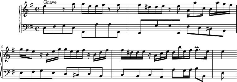 
\version "2.18.2"
\header {
  tagline = ##f
  % composer = "Domenico Scarlatti"
  % opus = "K. 81"
  % meter = "Grave – Allegro"
}

%% les petites notes
trillFisqp     = { \tag #'print { fis8.\prall } \tag #'midi { \times 2/3 { g64 fis g } fis16.~ fis16 } }

upper = \relative c'' {
  \clef treble 
  \key e \minor
  \time 4/4
  \tempo 4 = 34
  \set Staff.midiInstrument = #"recorder"

      s8*0^\markup{Grave}
      e4 r8 g8 g16 e e fis r8 fis8 | fis16 dis dis e r8 e8 a,16 a'8 c,16 b a' g fis | g fis e8 r16 b16 e g g e e fis r16 b, d fis |
      % ms. 4
      fis16 dis dis e r16 a,16 c e dis b' e, fis \trillFisqp e16 | e4

}

lower = \relative c' {
  \clef bass
  \key e \minor
  \time 4/4
  \set Staff.midiInstrument = #"harpsichord"

    % ************************************** \appoggiatura a16  \repeat unfold 2 {  } \times 2/3 { }   \omit TupletNumber 
      e,8 fis g e a, a' a a, | g g' g g, fis' e dis b | e fis g e d cis d b |
      % ms. 4
      c8 b c a a' g16 a b8 b, | e8

}

thePianoStaff = \new PianoStaff <<
    \set PianoStaff.instrumentName = #""
    \new Staff = "upper" \upper
    \new Staff = "lower" \lower
  >>

\score {
  \keepWithTag #'print \thePianoStaff
  \layout {
      #(layout-set-staff-size 17)
    \context {
      \Score
     \override TupletBracket.bracket-visibility = ##f
     \override SpacingSpanner.common-shortest-duration = #(ly:make-moment 1/2)
      \remove "Metronome_mark_engraver"
    }
  }
}

\score {
  \keepWithTag #'midi \thePianoStaff
  \midi {  }
}
