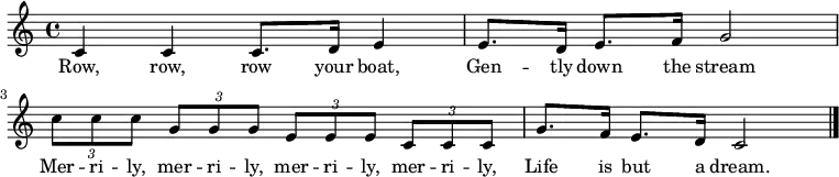 

\new Staff {
\relative c' {
  \key c \major
  \time 4/4
  c4 c c8. d16 e4 e8. d16 e8. f16 g2 \break
\times 2/3 { c8 c c } \times 2/3 { g8 g g } \times 2/3 { e8 e e } \times 2/3 { c8 c c } g'8. f16 e8. d16 c2 \break
\bar "|."
} }
\addlyrics { 
\lyricmode {
    Row, row, row your boat,
    Gen -- tly down the stream
    Mer -- ri -- ly, mer -- ri -- ly, mer -- ri -- ly, mer -- ri -- ly,
    Life is but a dream.
} }

  \midi {
    \context {
      \Score
      tempoWholesPerMinute = #(ly:make-moment 80 4)
    }
  }
