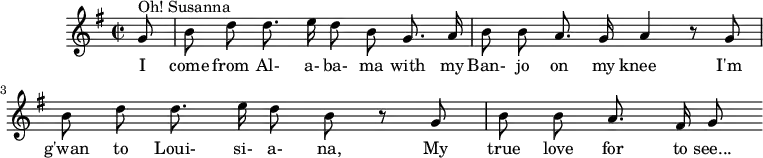 \version "2.14.2"
\header {
tagline = ##f
}
\score {
\new Staff \with {
%\remove "Time_signature_engraver"
}
\relative c'' {
\key g \major
\time 2/2
\tempo 2 = 60
\clef treble
\override Rest #'style = #'classical
{ \autoBeamOff \partial 8 g8^"Oh! Susanna" | b d d8. e16 d8 b g8. a16 | b8 b a8. g16 a4 r8 g8 | b d d8. e16 d8 b r8 g8 | b b a8. fis16 g8 }
\addlyrics { I come from Al- a- ba- ma with my Ban- jo on my knee___ I'm g'wan to Loui- si- a- na, My true love for to see... }
}
\layout {
\context {
\Score
\remove "Metronome_mark_engraver"
}
}
\midi {}
}